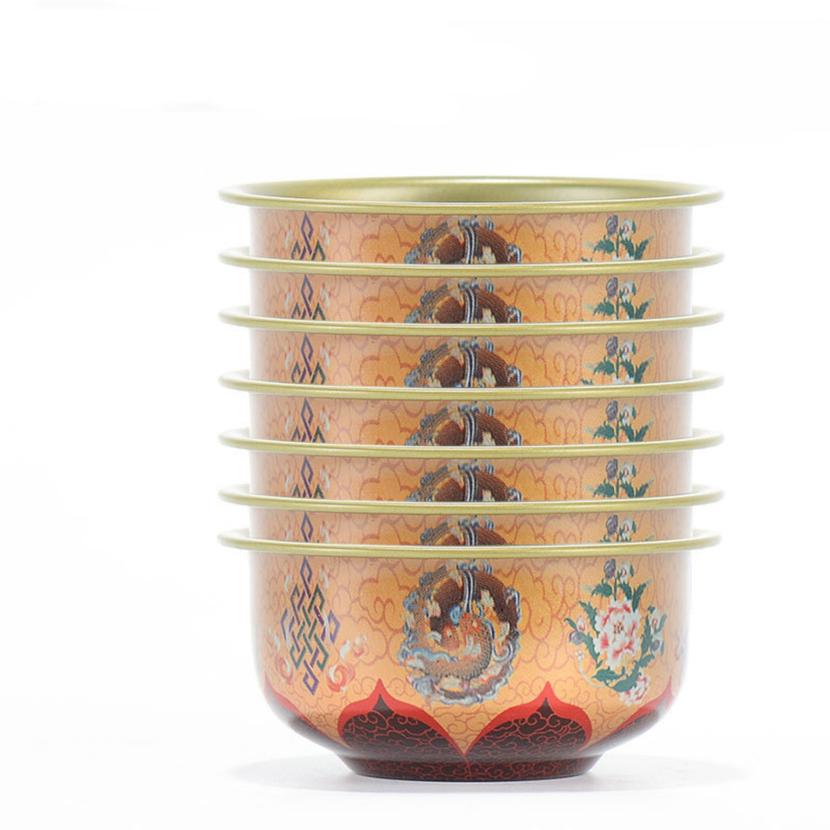 Hand-Painted Tibetan Brass Water Offering Bowls – Set of 7