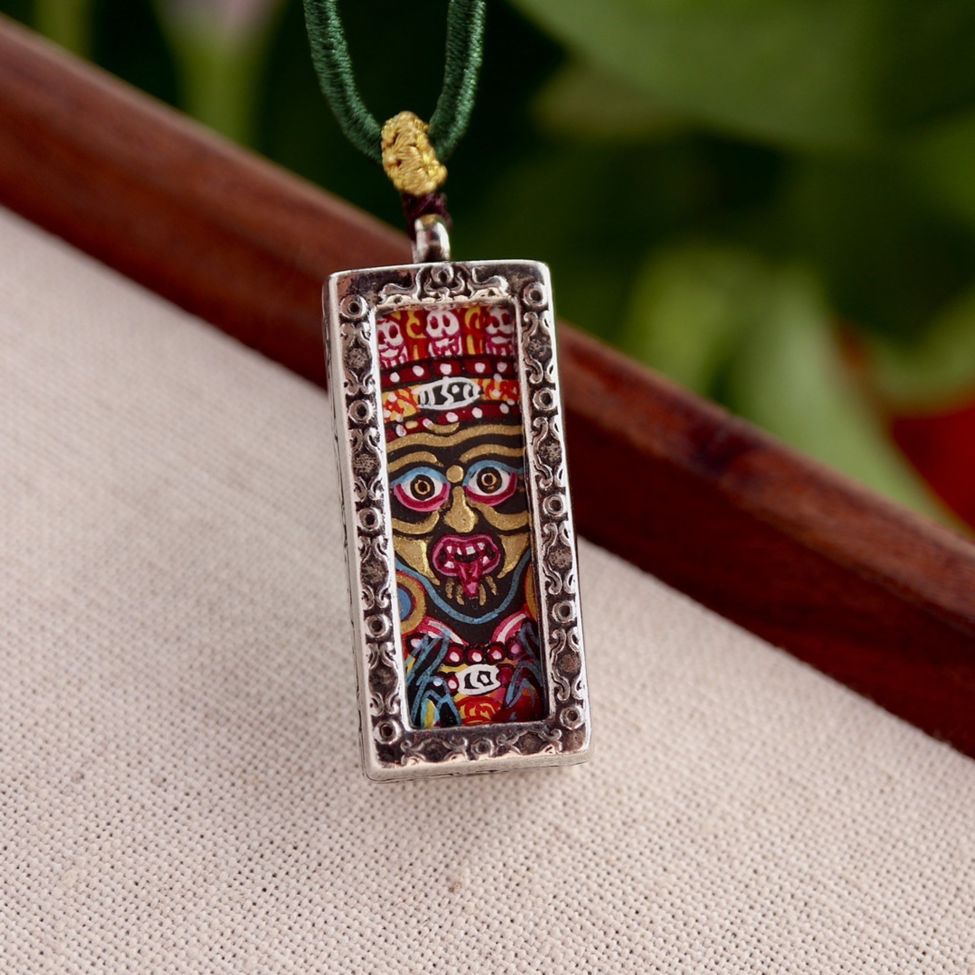 Hand-Painted Zakiram Thangka Tibetan Silver Amulet Necklace