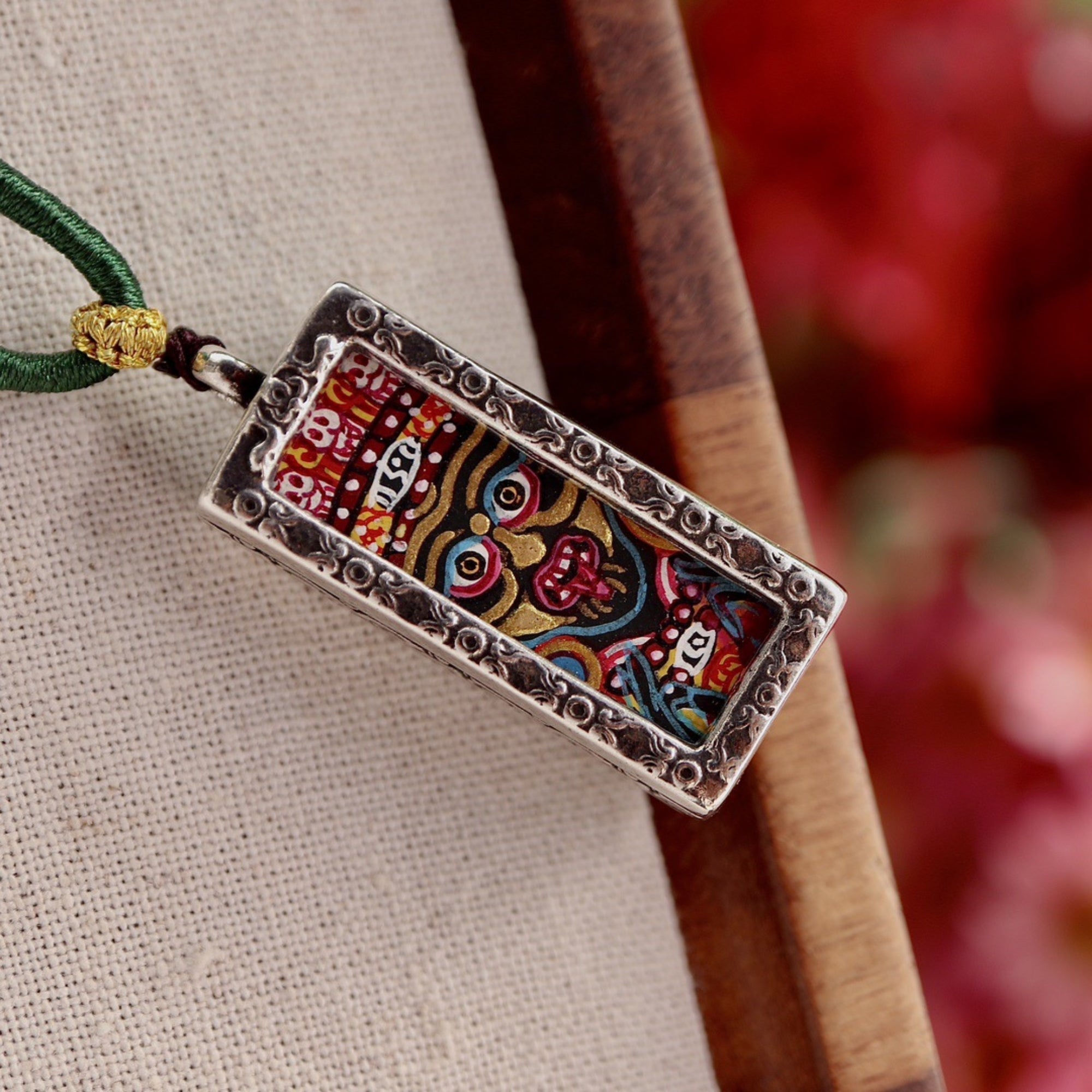 Hand-Painted Zakiram Thangka Tibetan Silver Amulet Necklace