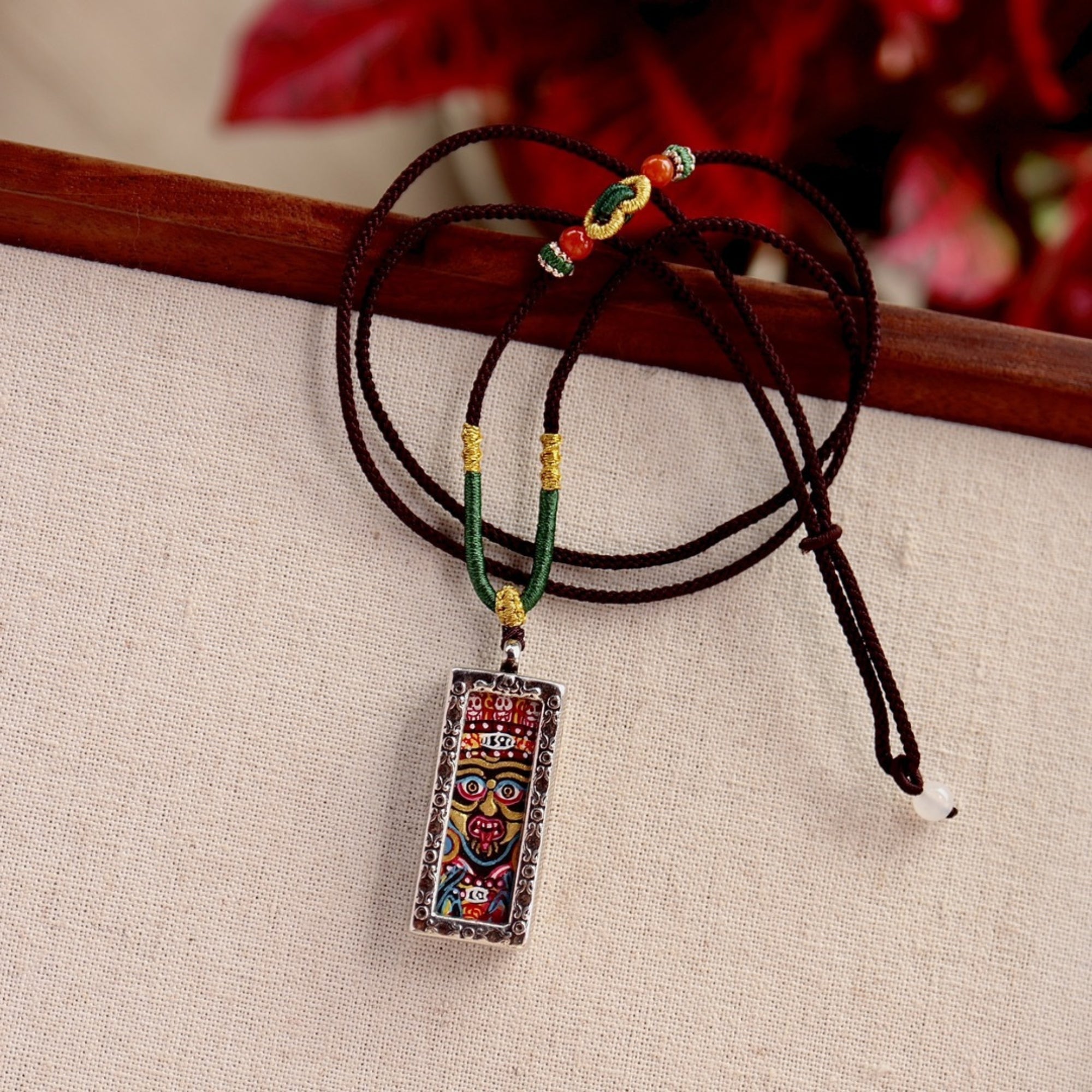 Hand-Painted Zakiram Thangka Tibetan Silver Amulet Necklace