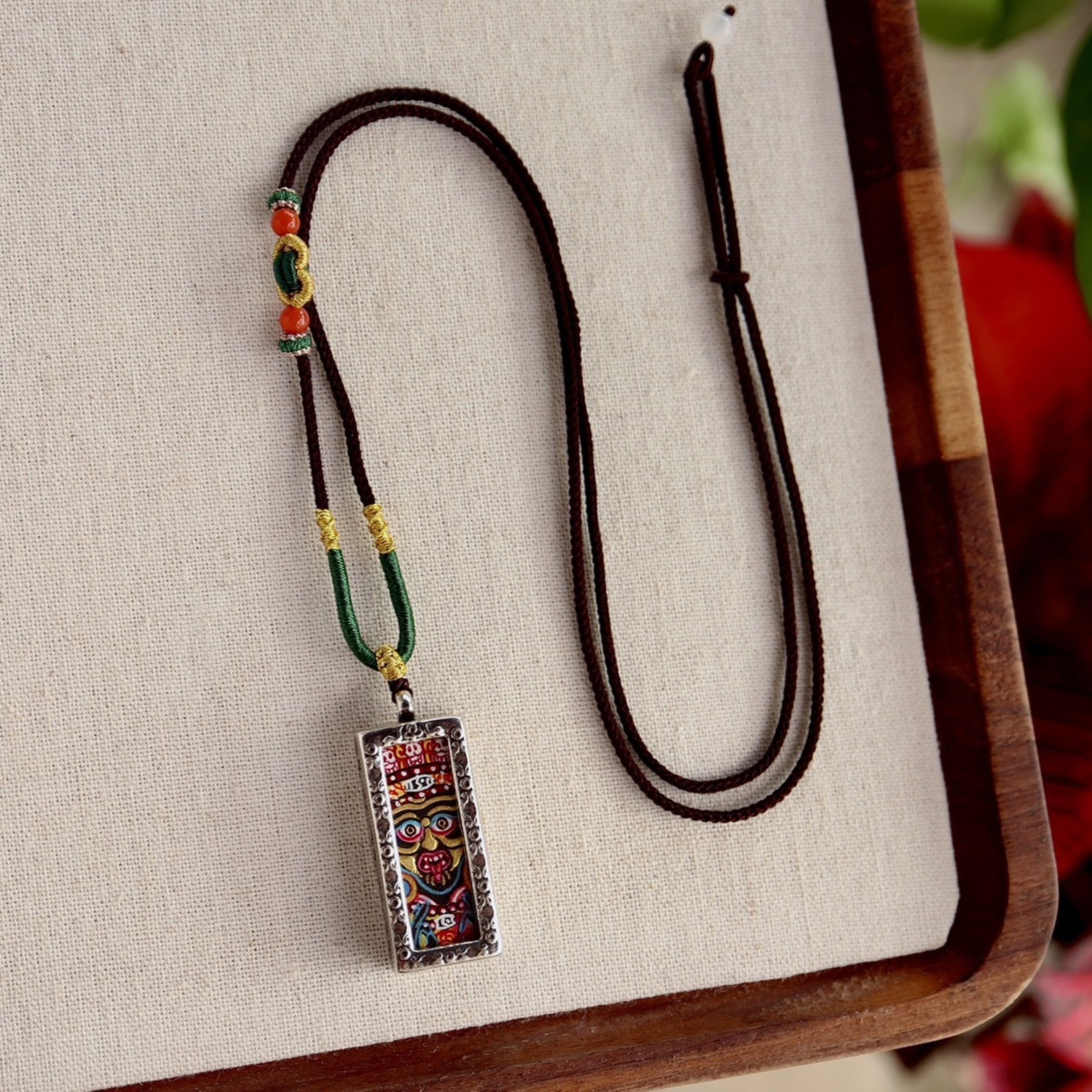 Hand-Painted Zakiram Thangka Tibetan Silver Amulet Necklace