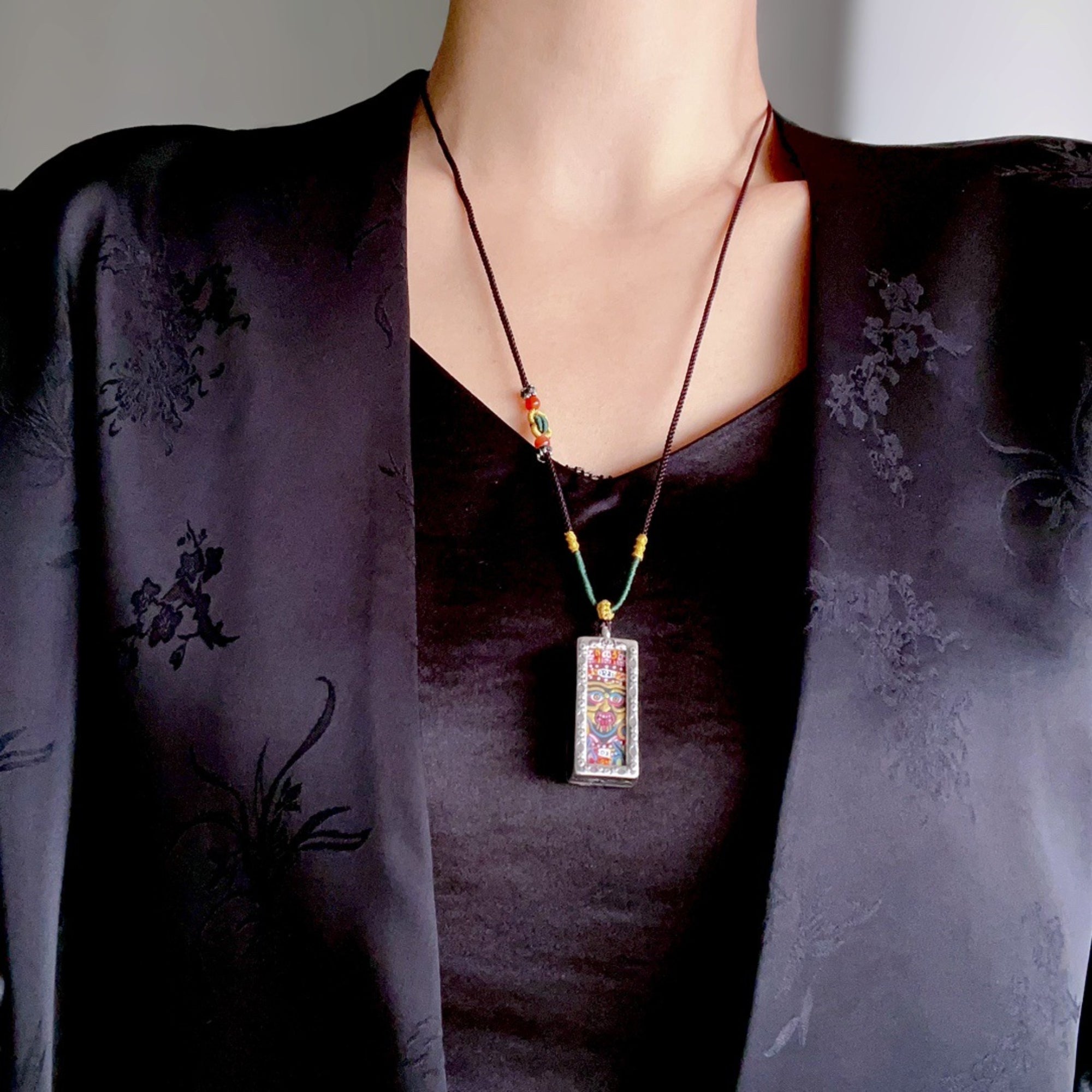 Hand-Painted Zakiram Thangka Tibetan Silver Amulet Necklace