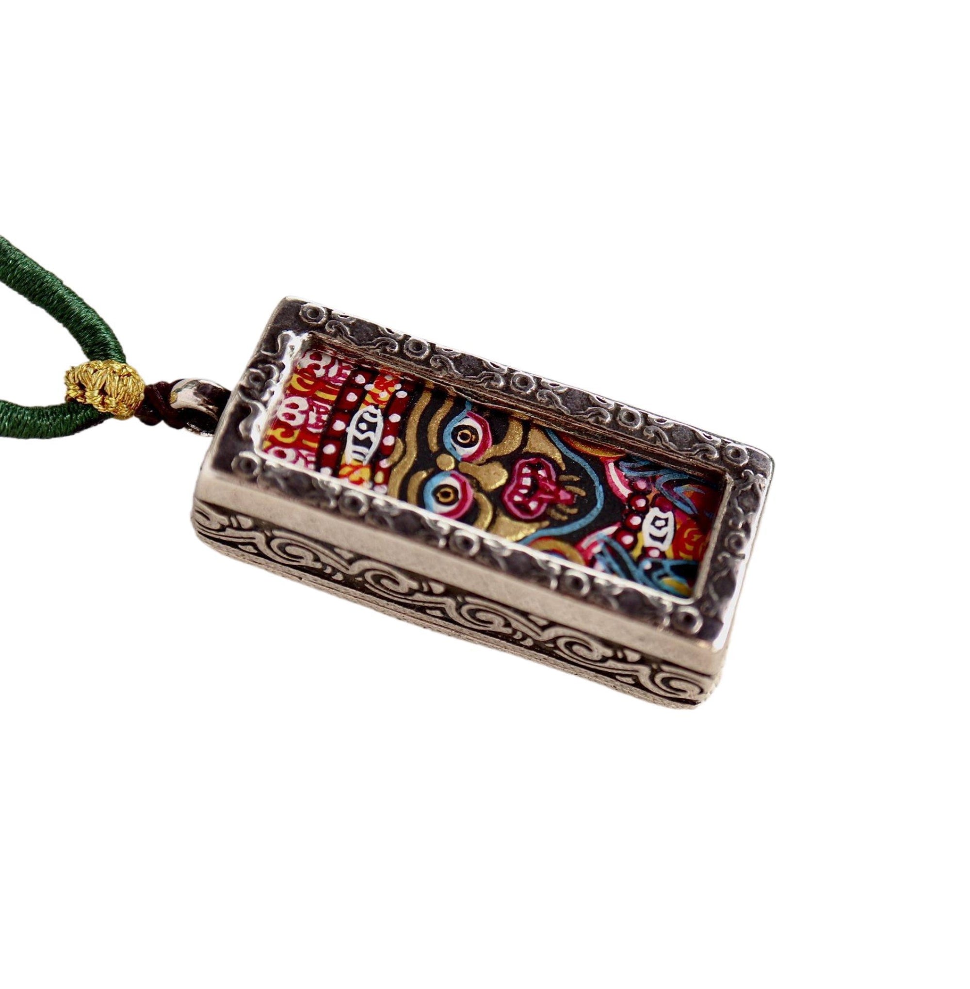 Hand-Painted Zakiram Thangka Tibetan Silver Amulet Necklace