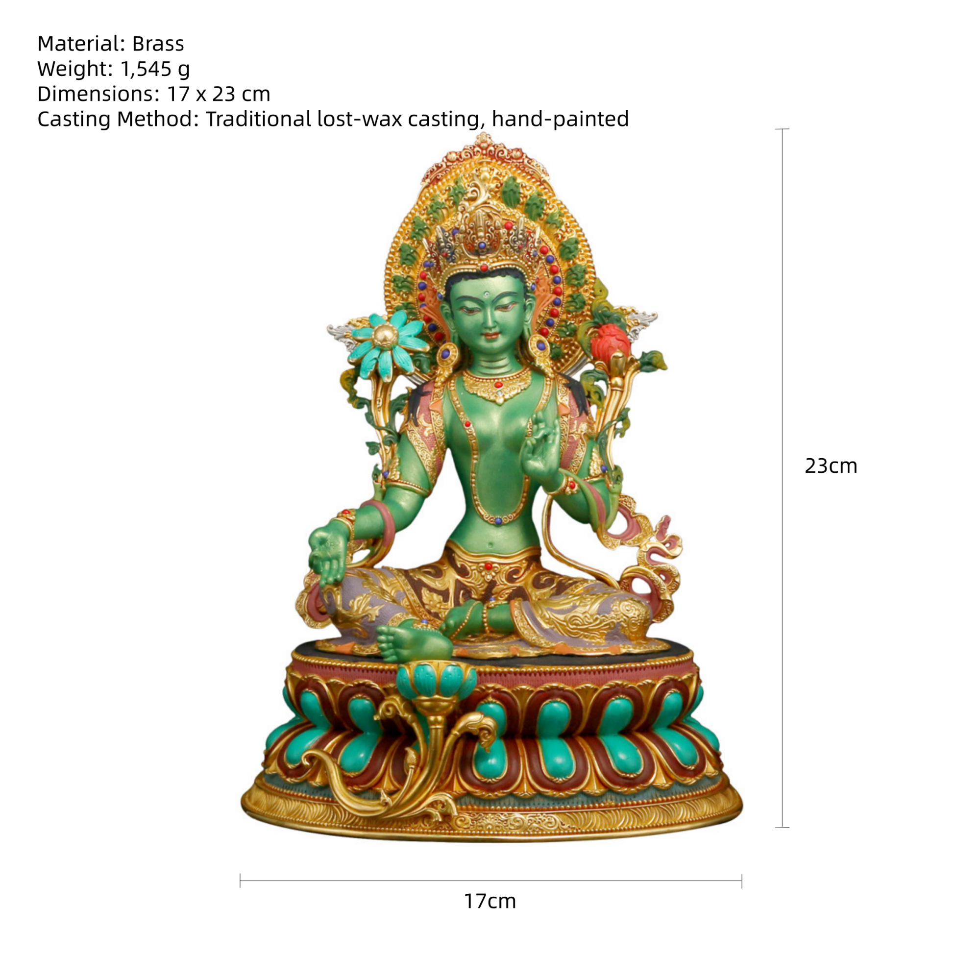 A brass Buddha statue with green, gold, and turquoise hand-painted detailing, shown with dimension lines and text indicating its material, weight, and dimensions.