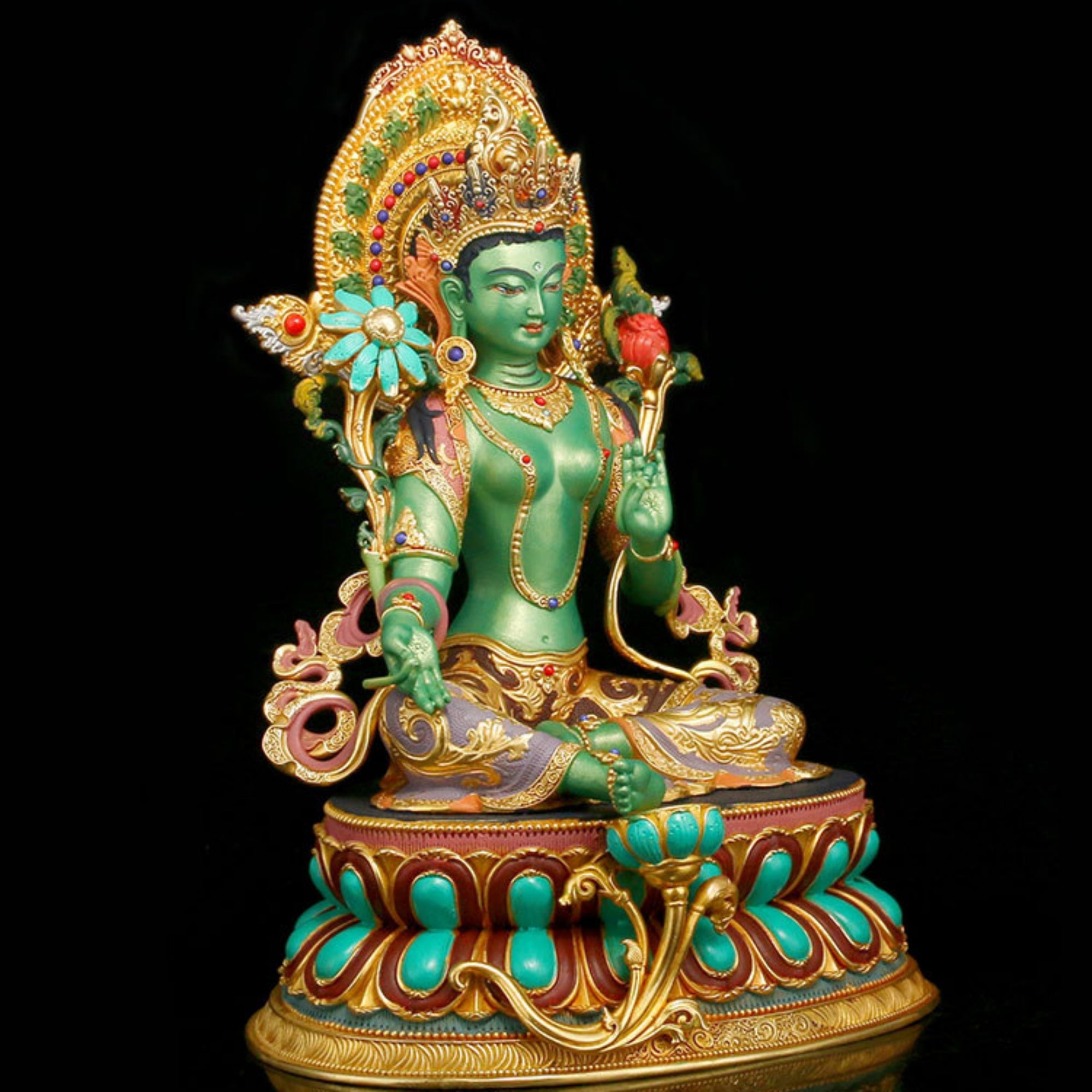 Handcrafted Hand-Painted Gilt Brass Green Tara Statue for Home Altar
