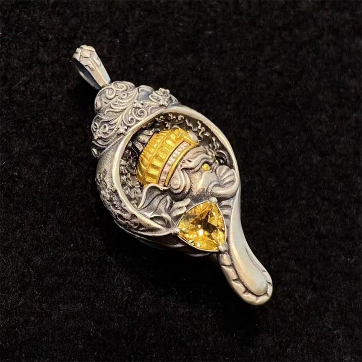 Handcrafted Tibetan 925 Sterling Silver Ganesha Conch Pendant Necklace