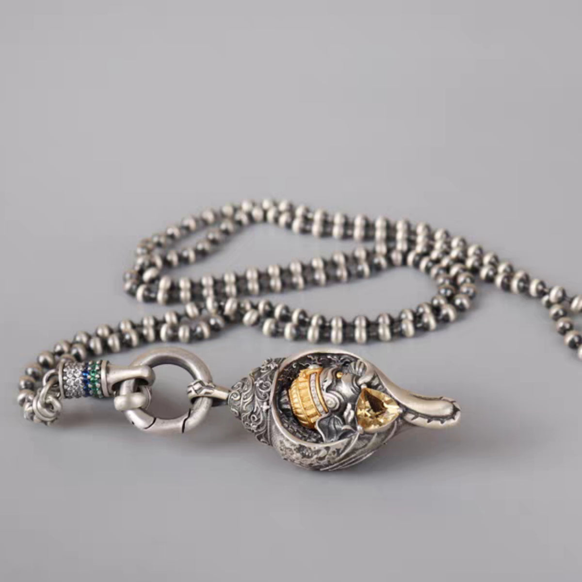 Handcrafted Tibetan 925 Sterling Silver Ganesha Conch Pendant Necklace