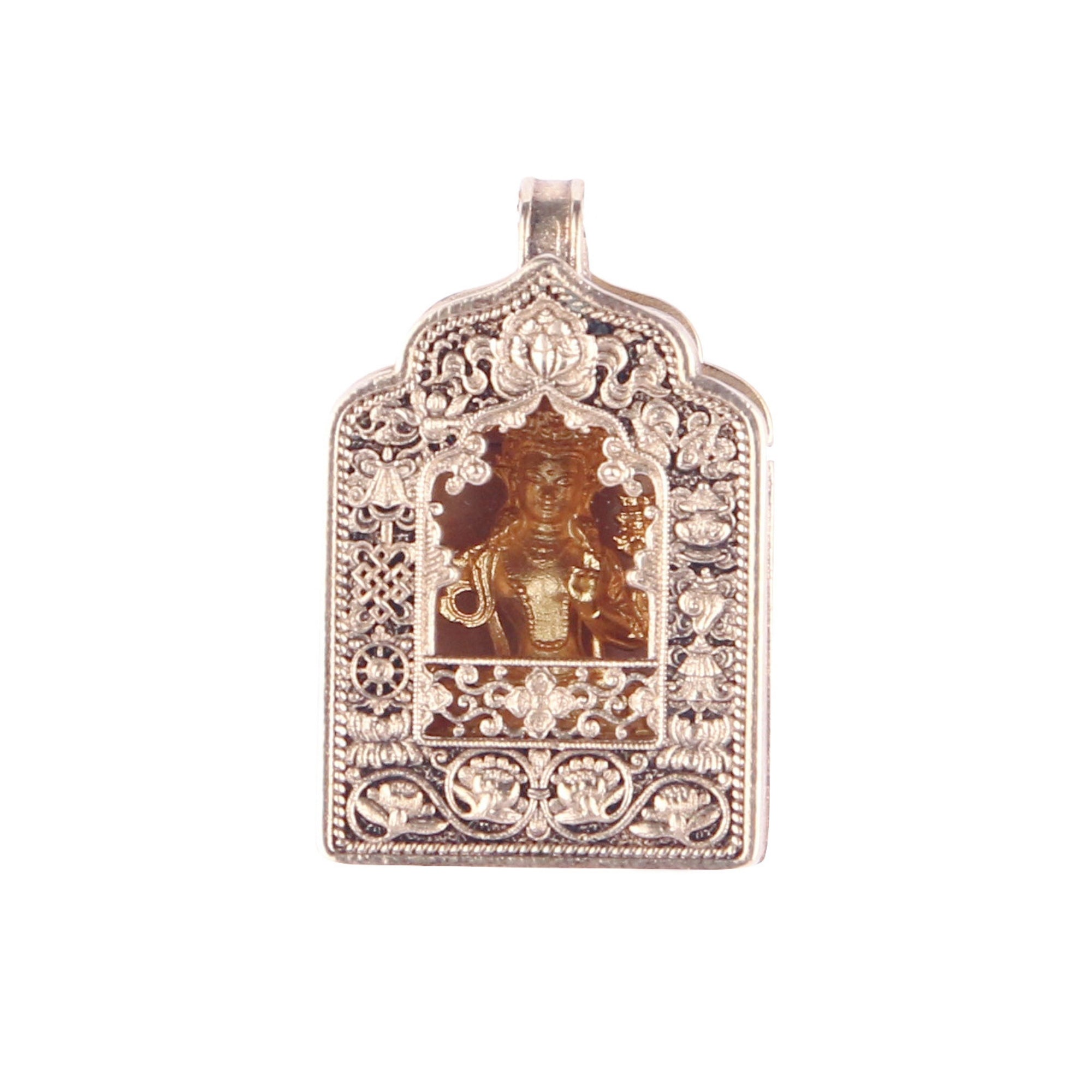 An ornate silver-toned pendant featuring a central gold-toned depiction of Lord Ganesha, surrounded by intricate filigree patterns, shown against a plain white background.