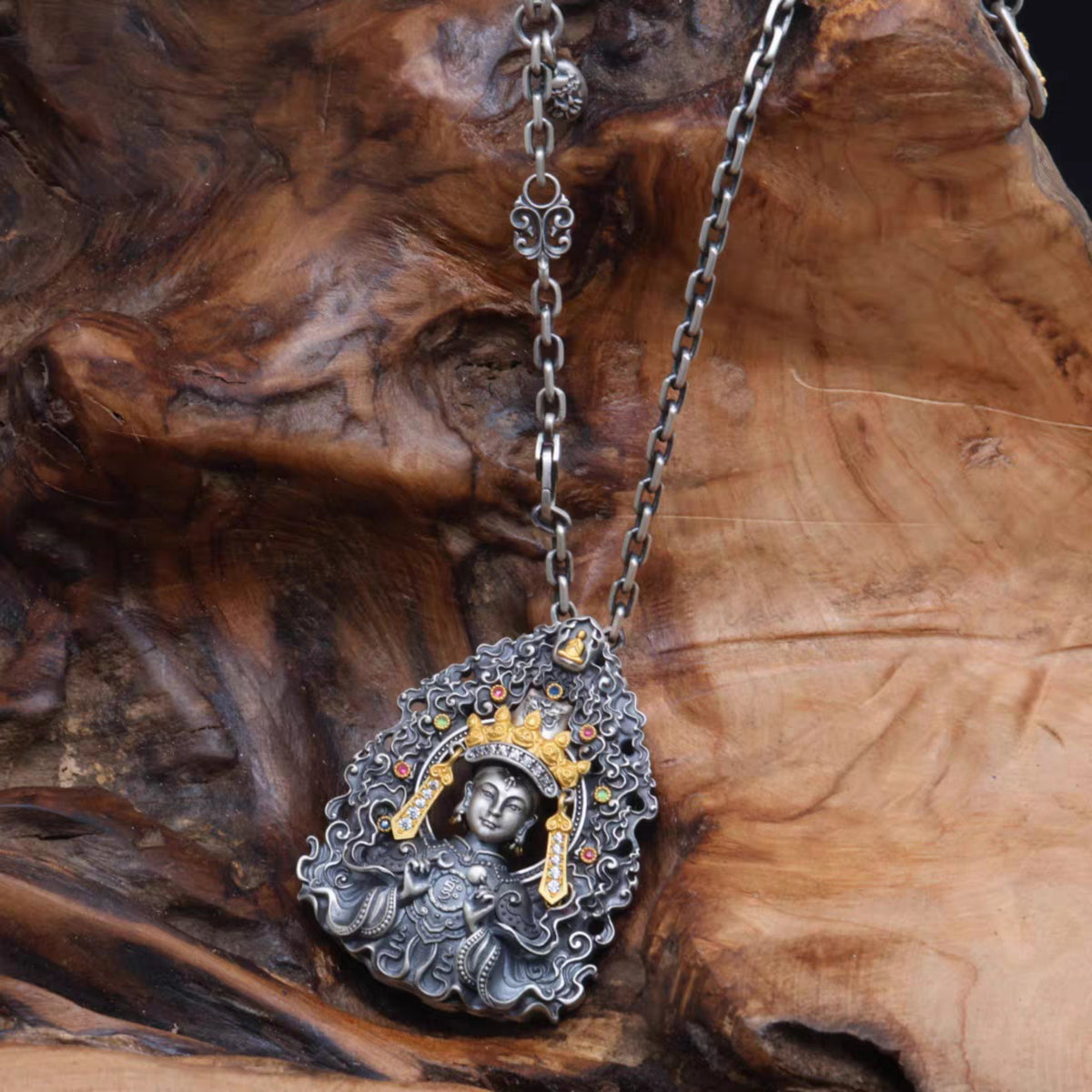 Handcrafted Tibetan Double-Sided Zaki Lhamo Pendant Necklace in 925 Sterling Silver