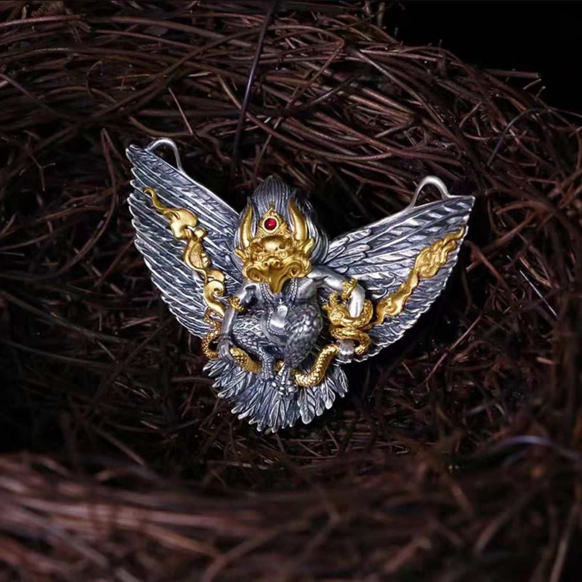 Handcrafted Tibetan Garuda Pendant Necklace in 925 Sterling Silver