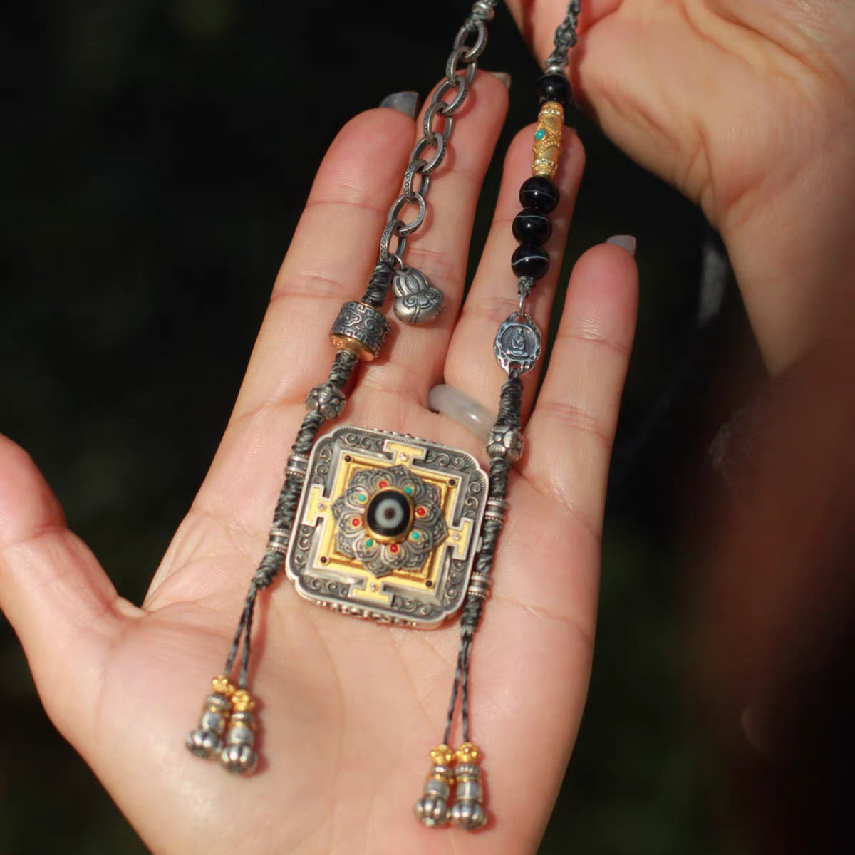 Handcrafted Tibetan S925 Sterling Silver Green Tara Mandala Locket Necklace