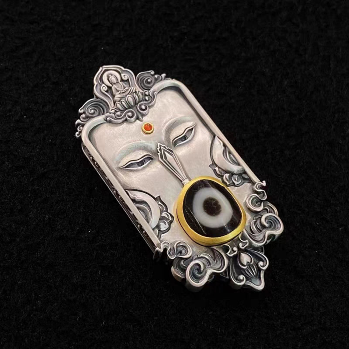 Handcrafted Tibetan S925 Sterling Silver Manjushri Dzi Bead Pendant Necklace