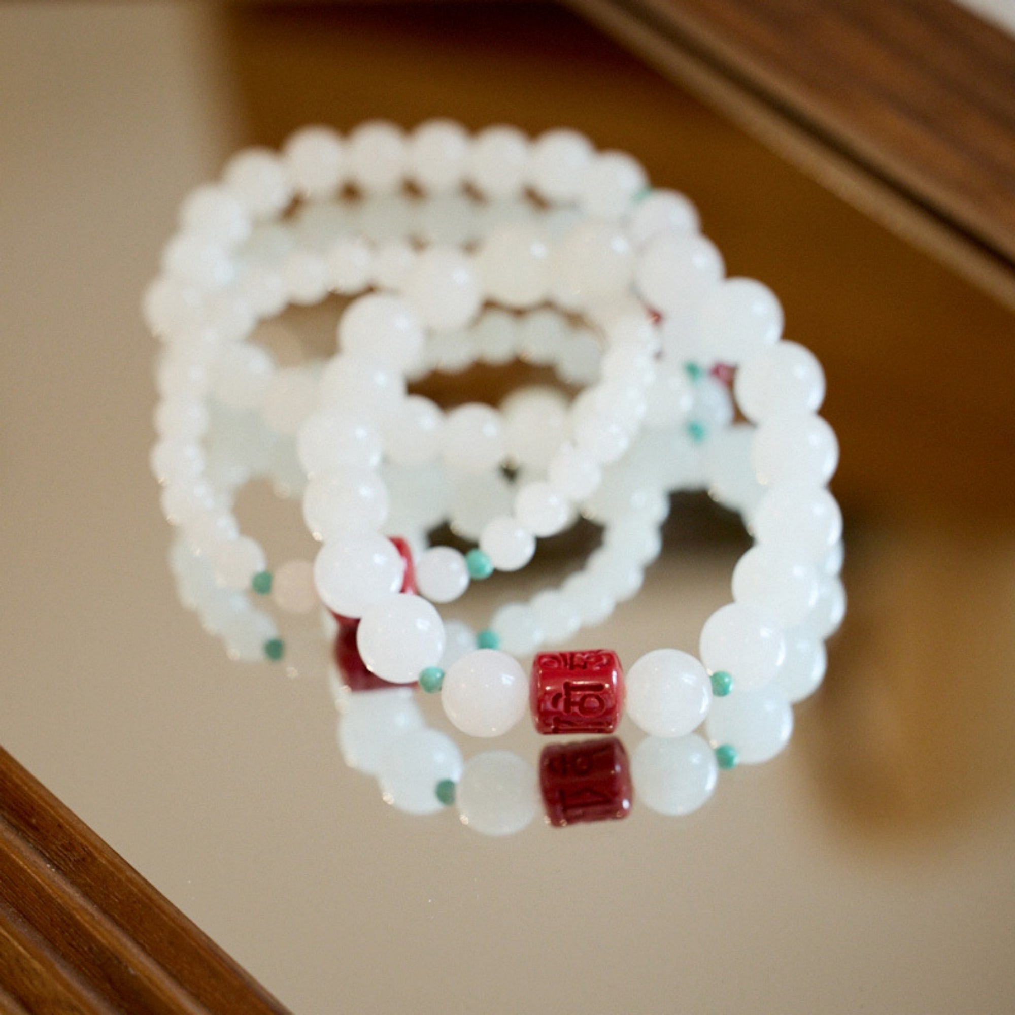Hetian Jade Cinnabar "Om Mani Padme Hum" Prayer Beads Bracelet