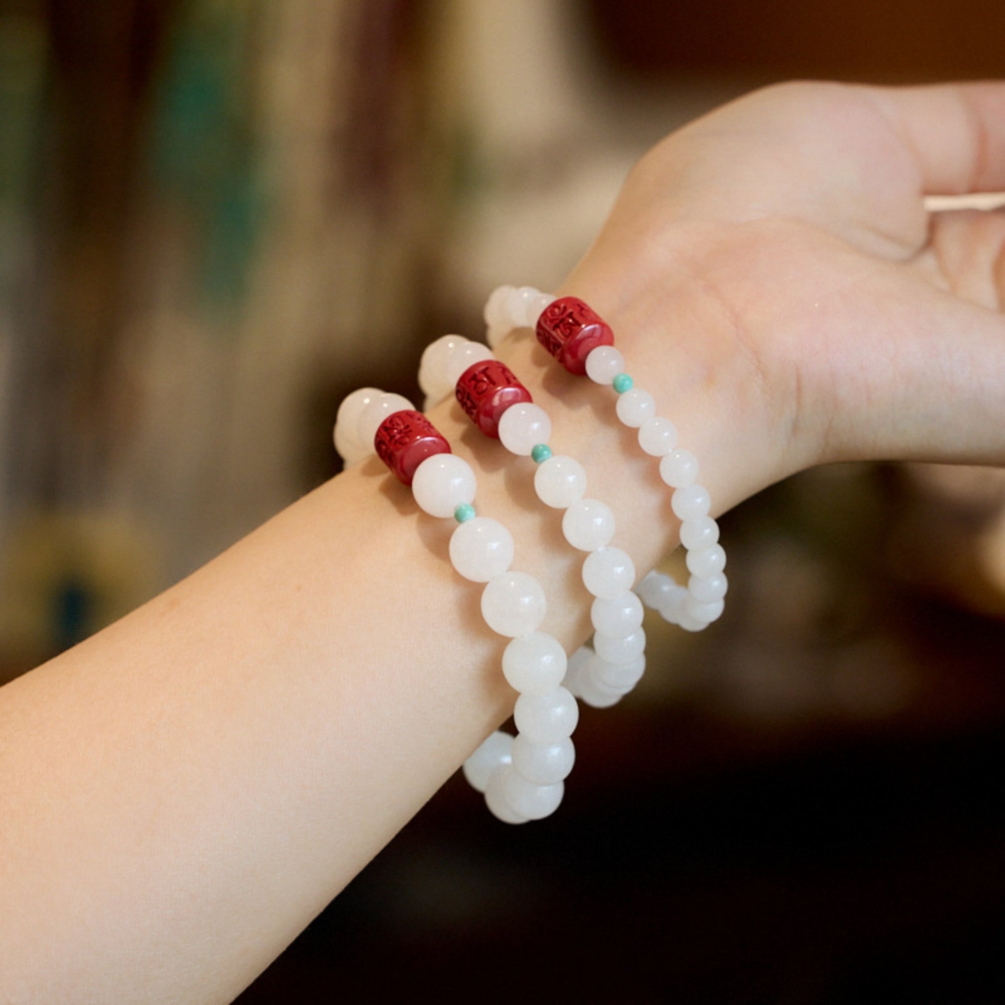 Hetian Jade Cinnabar "Om Mani Padme Hum" Prayer Beads Bracelet