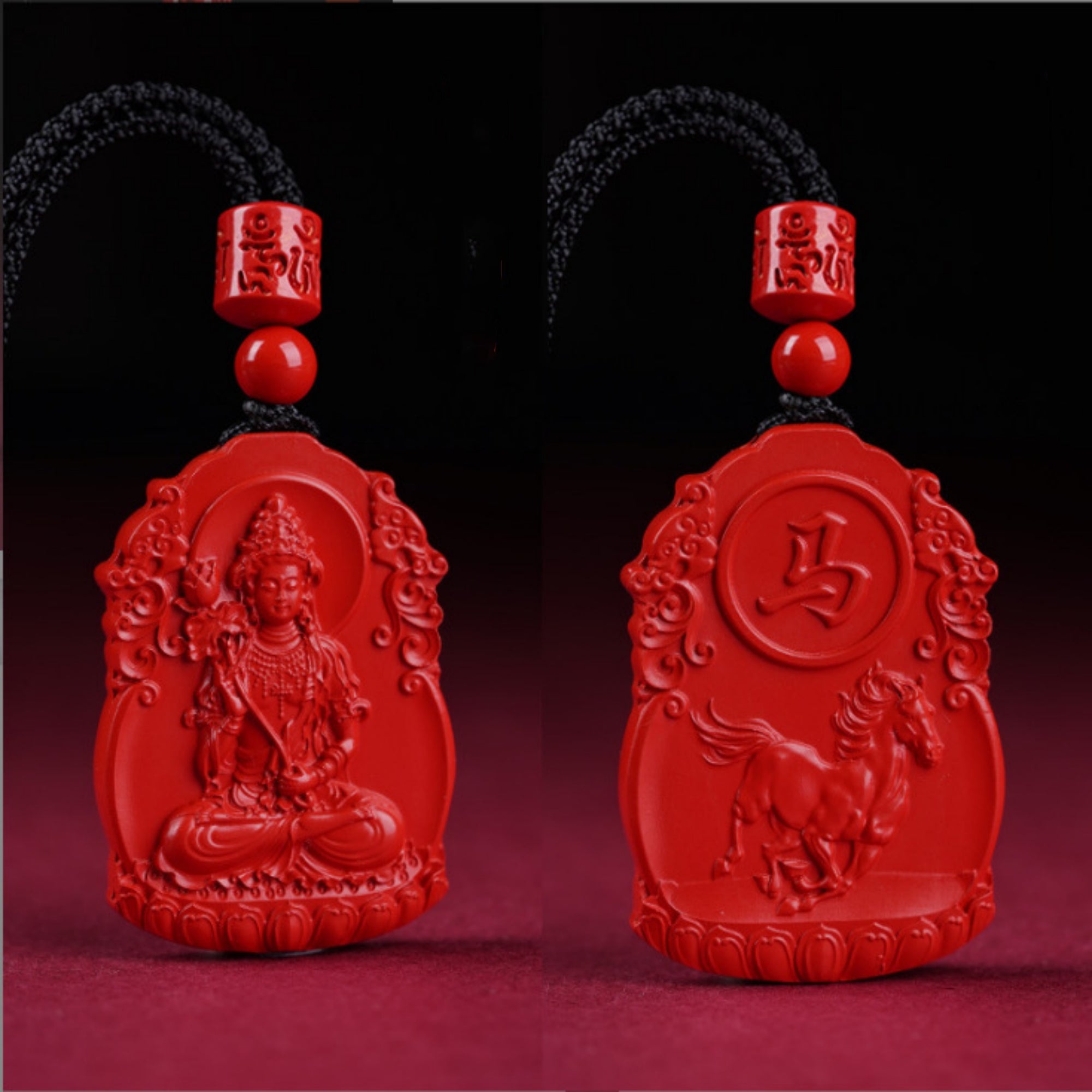 QiLing Aura Hand-Carved Zodiac Buddha Pendant Necklace in Cinnabar