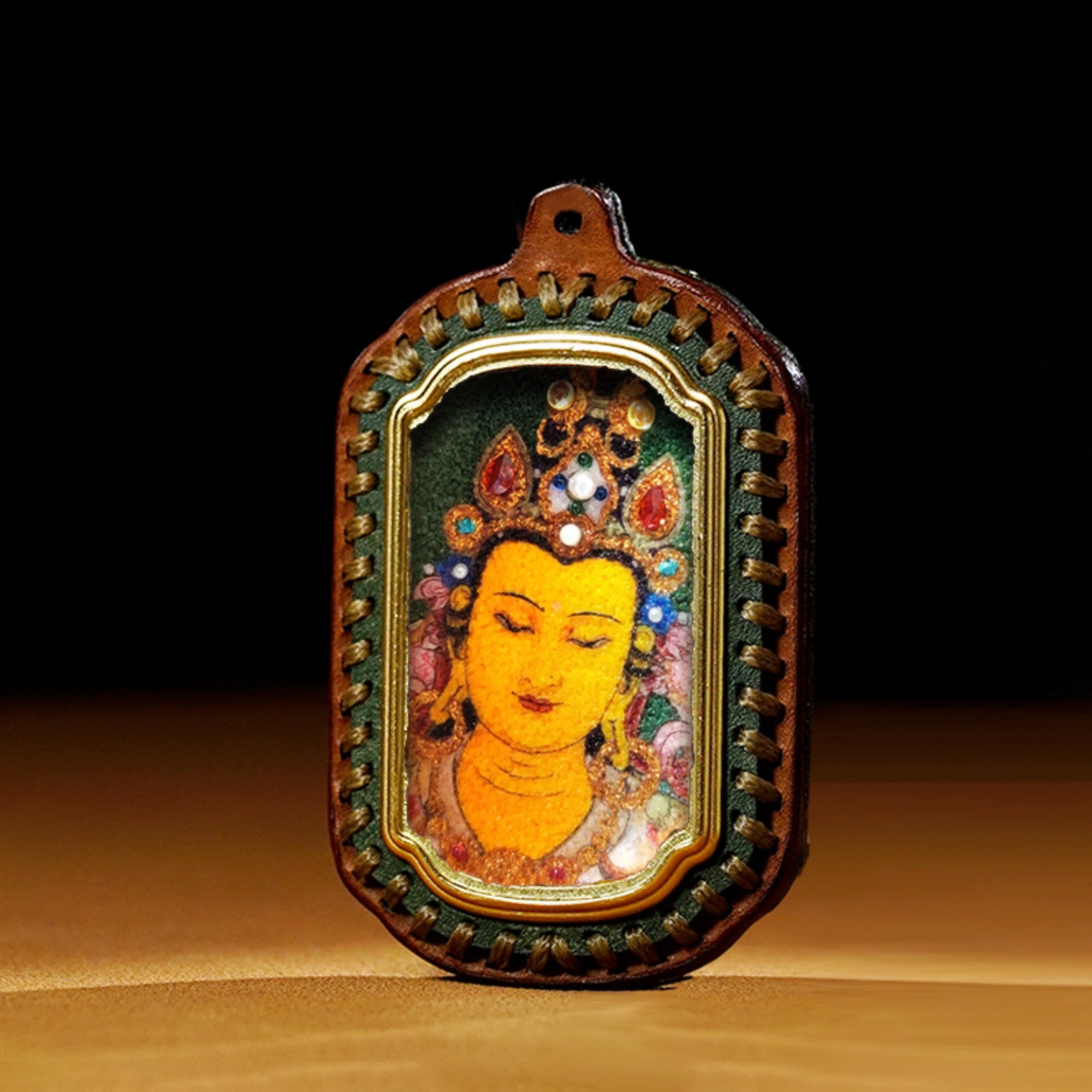 QiLing Aura Tibetan Handmade Gemstone Thangka Buddha Pendant Necklace