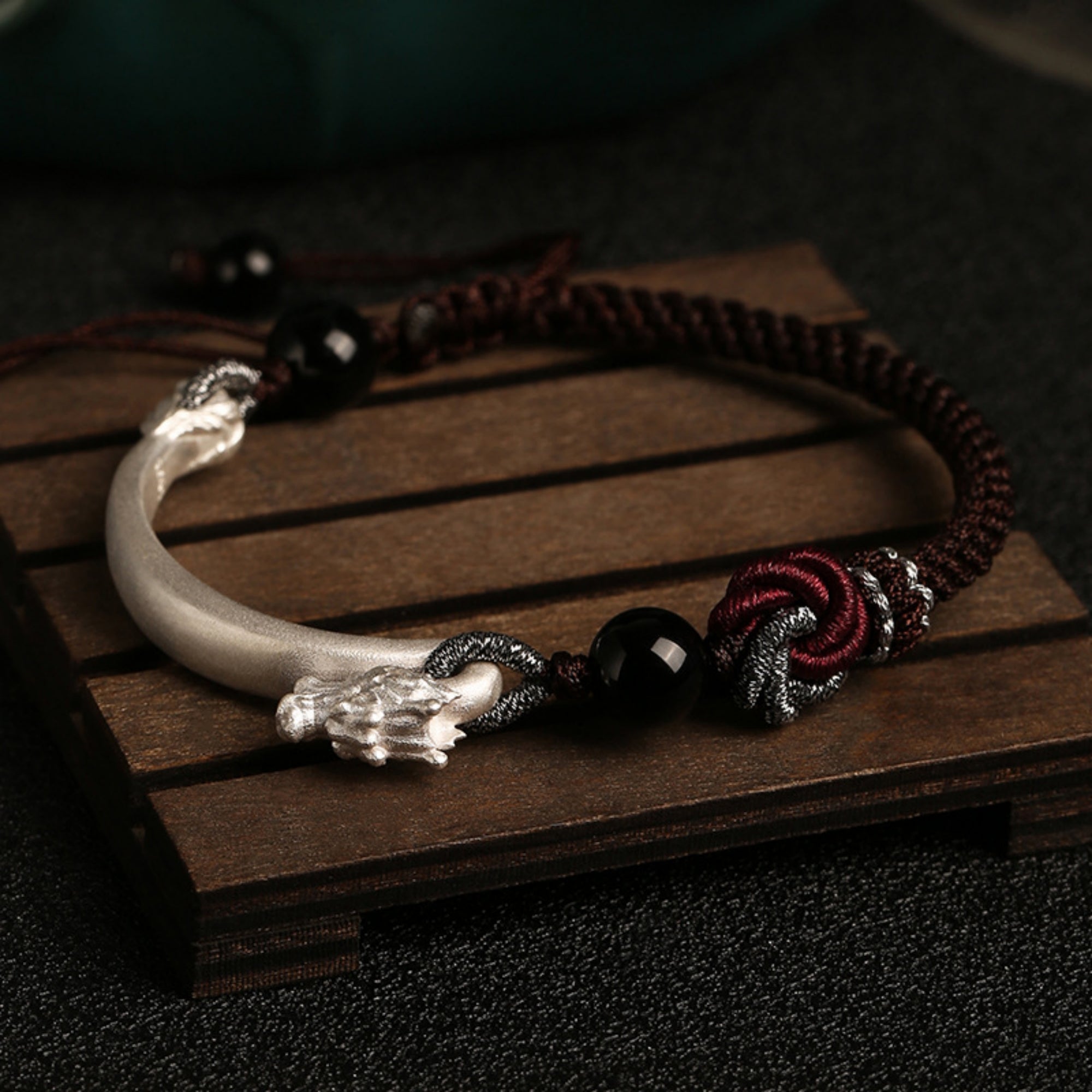 Mystic Guardian Eastern Dragon Cotton & Silver Wrap Bracelet
