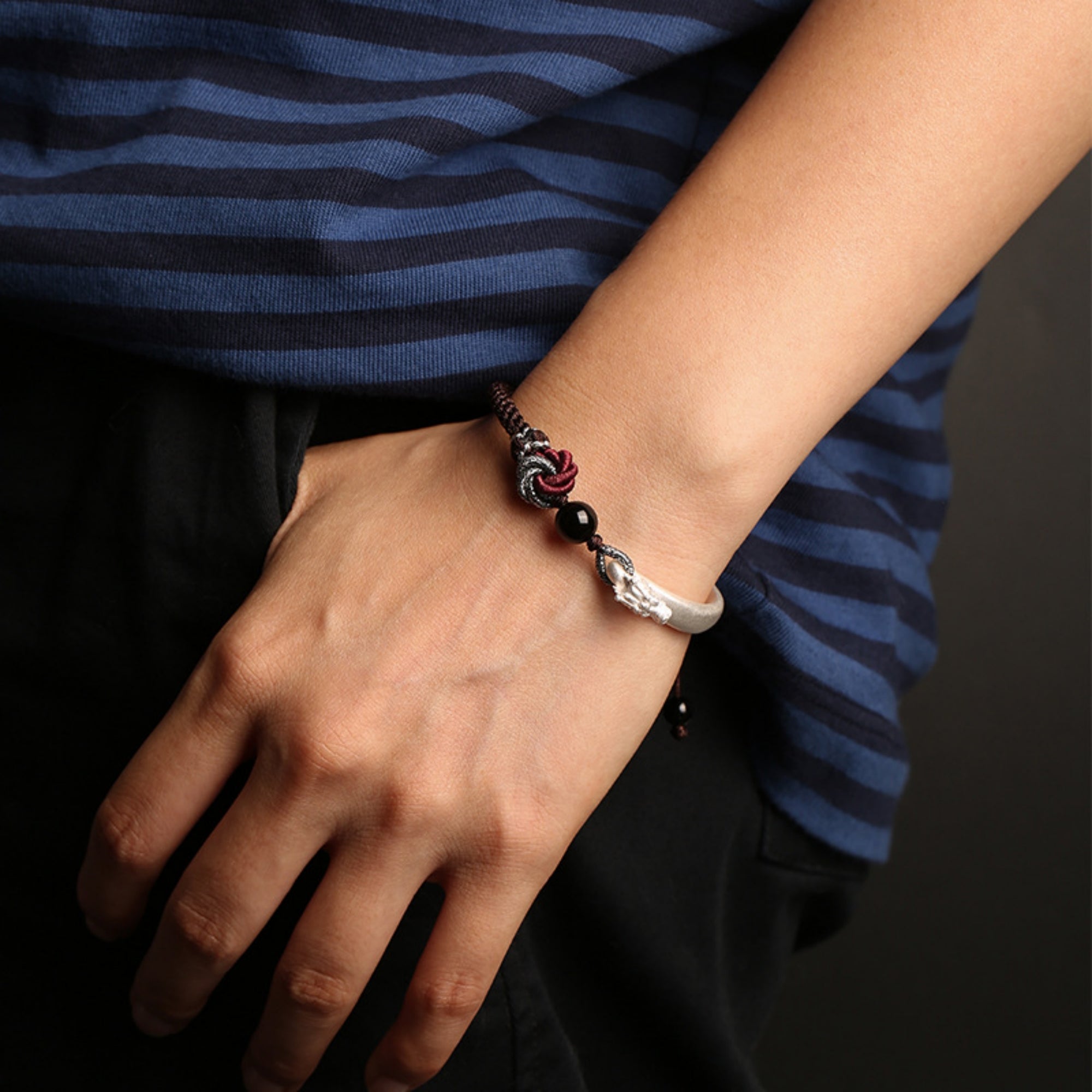Mystic Guardian Eastern Dragon Cotton & Silver Wrap Bracelet