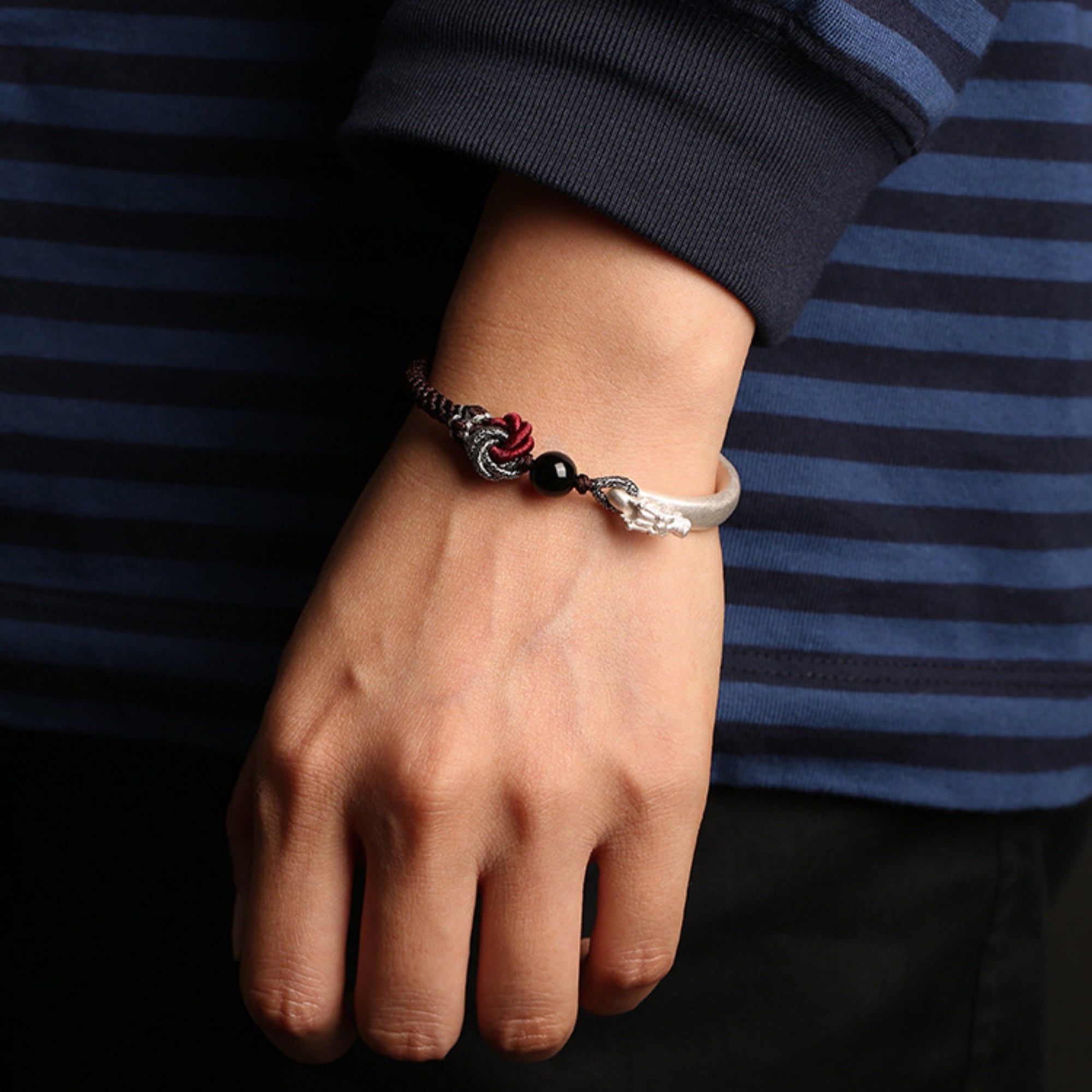 Mystic Guardian Eastern Dragon Cotton & Silver Wrap Bracelet