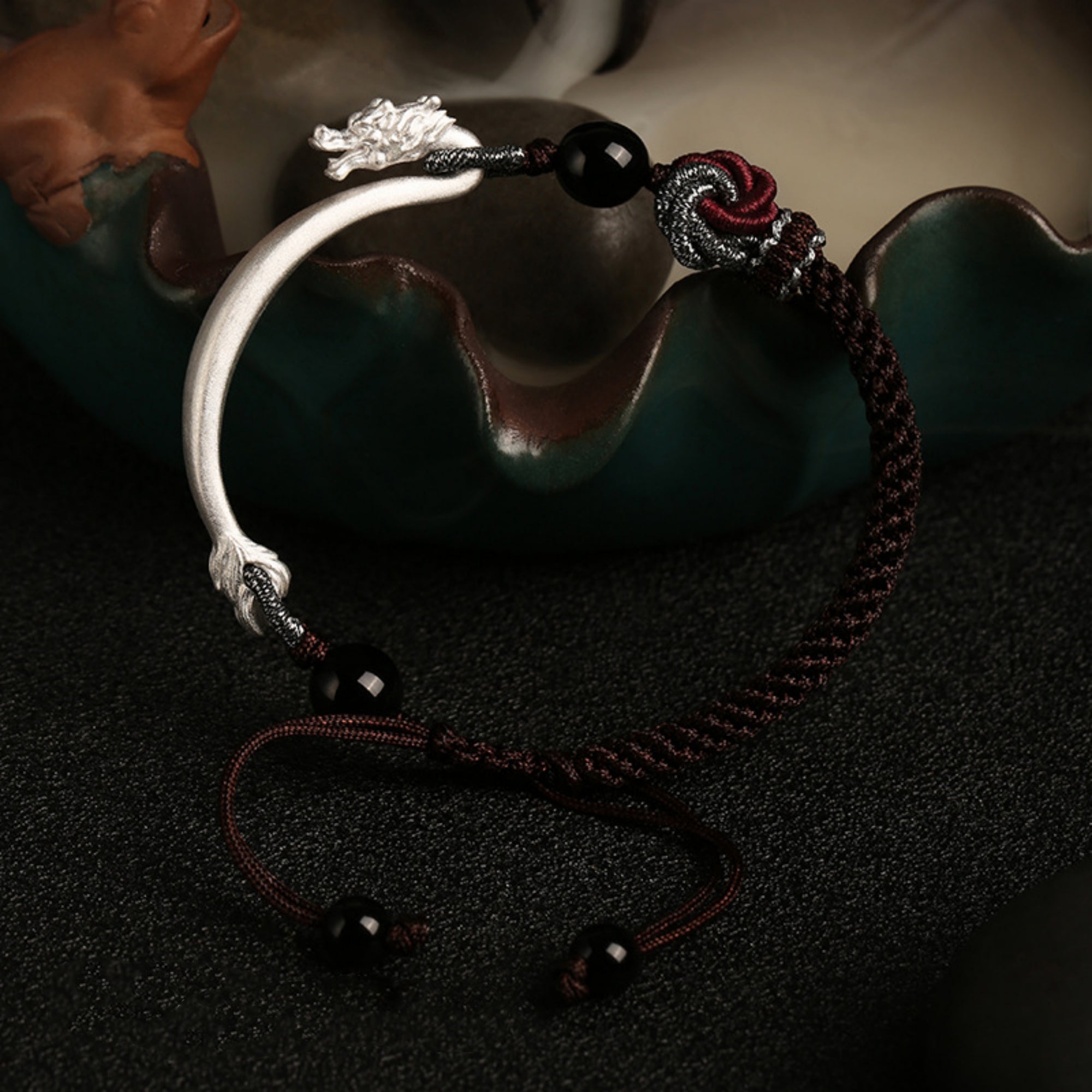 Mystic Guardian Eastern Dragon Cotton & Silver Wrap Bracelet
