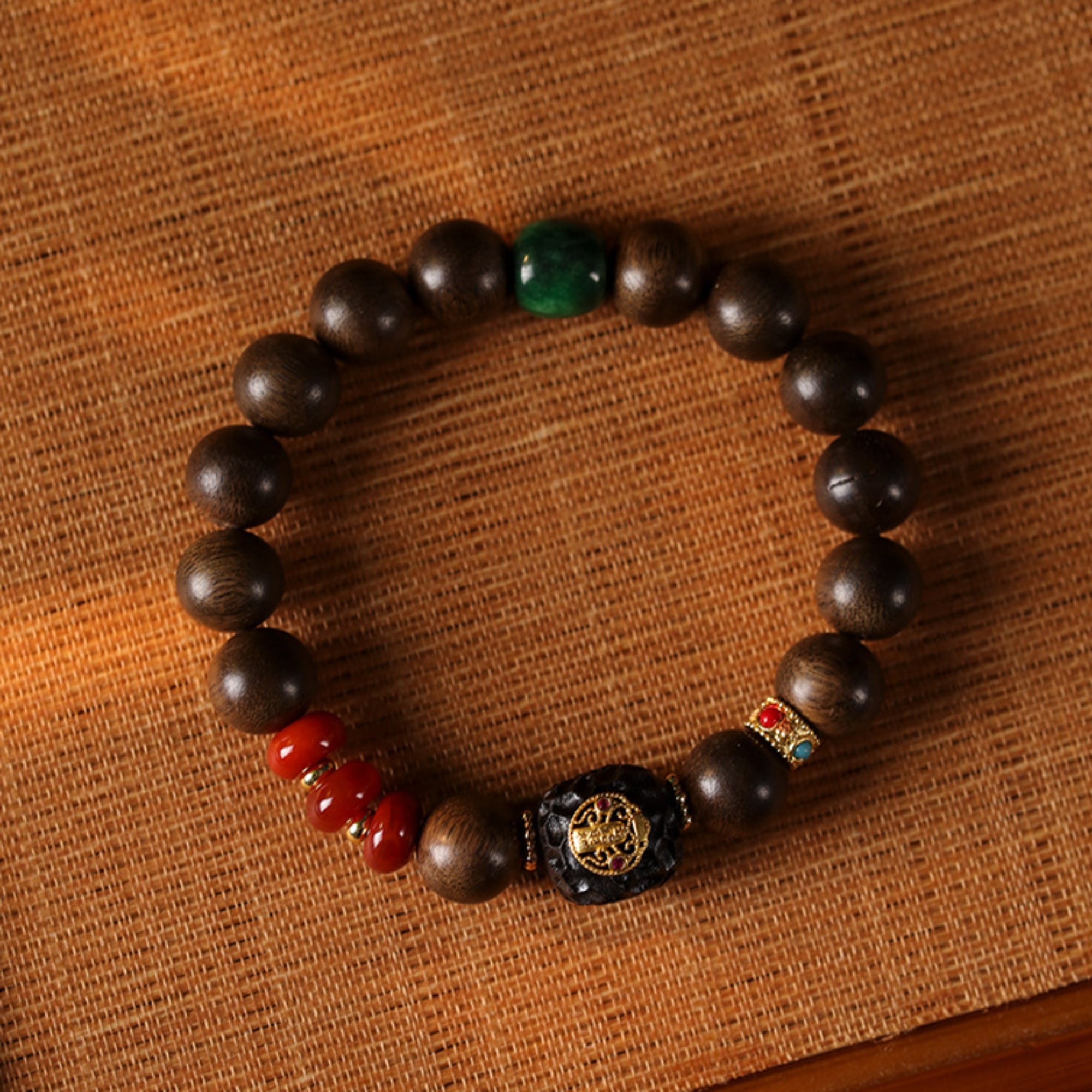 Natural Agarwood & Red Agate Mala Bracelet