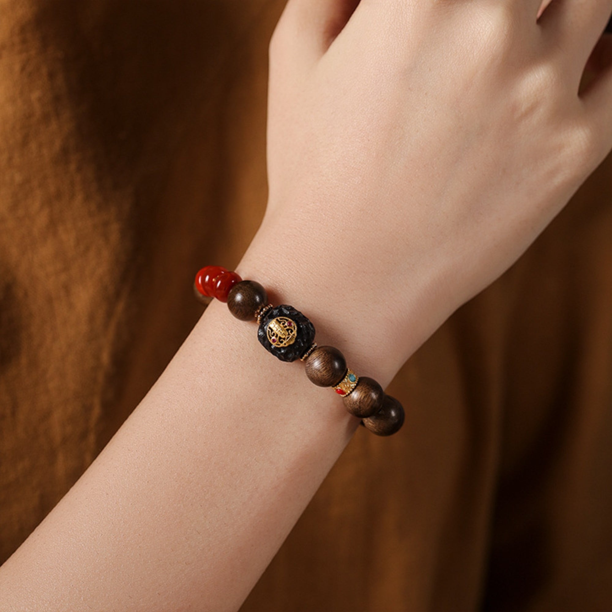 Natural Agarwood & Red Agate Mala Bracelet