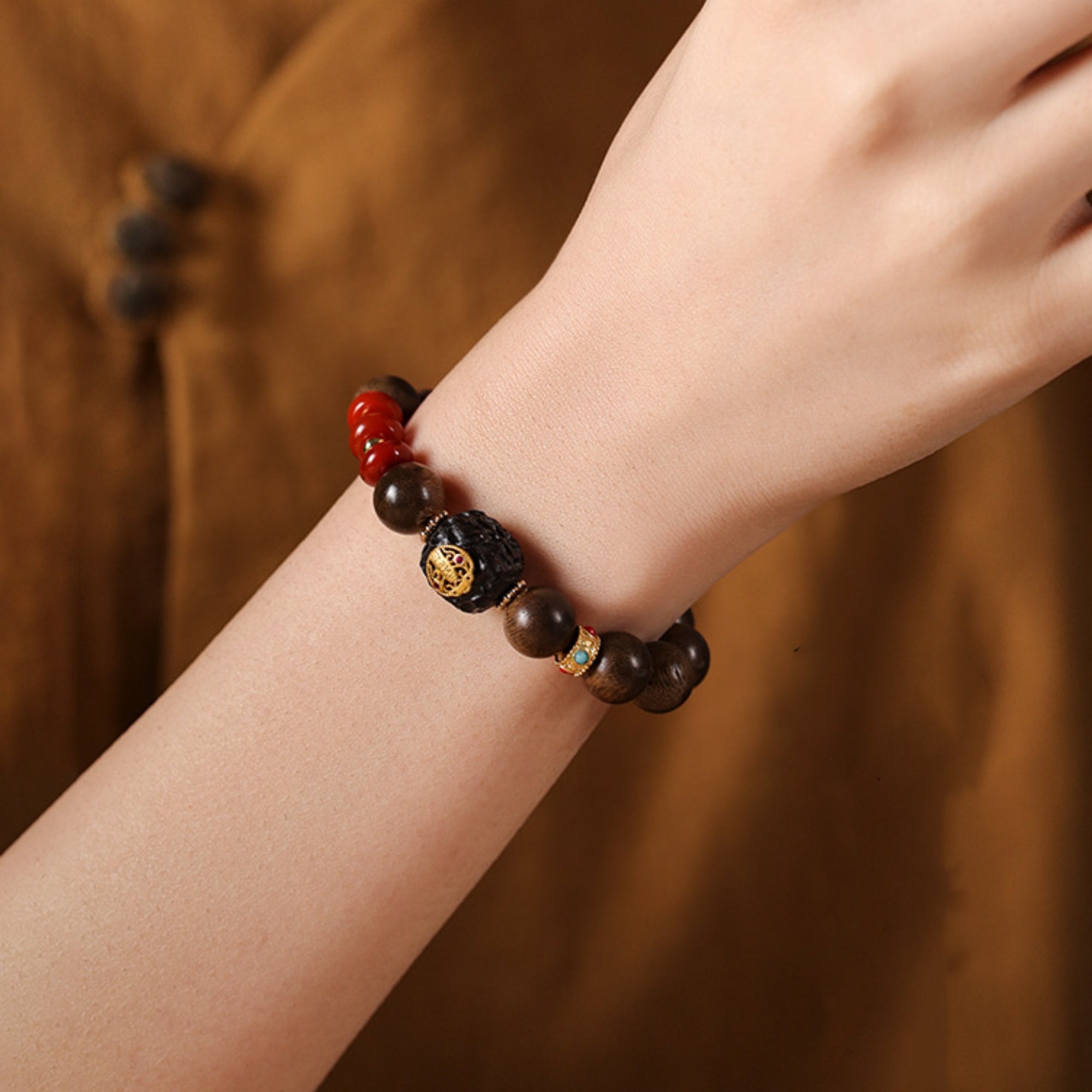 Natural Agarwood & Red Agate Mala Bracelet