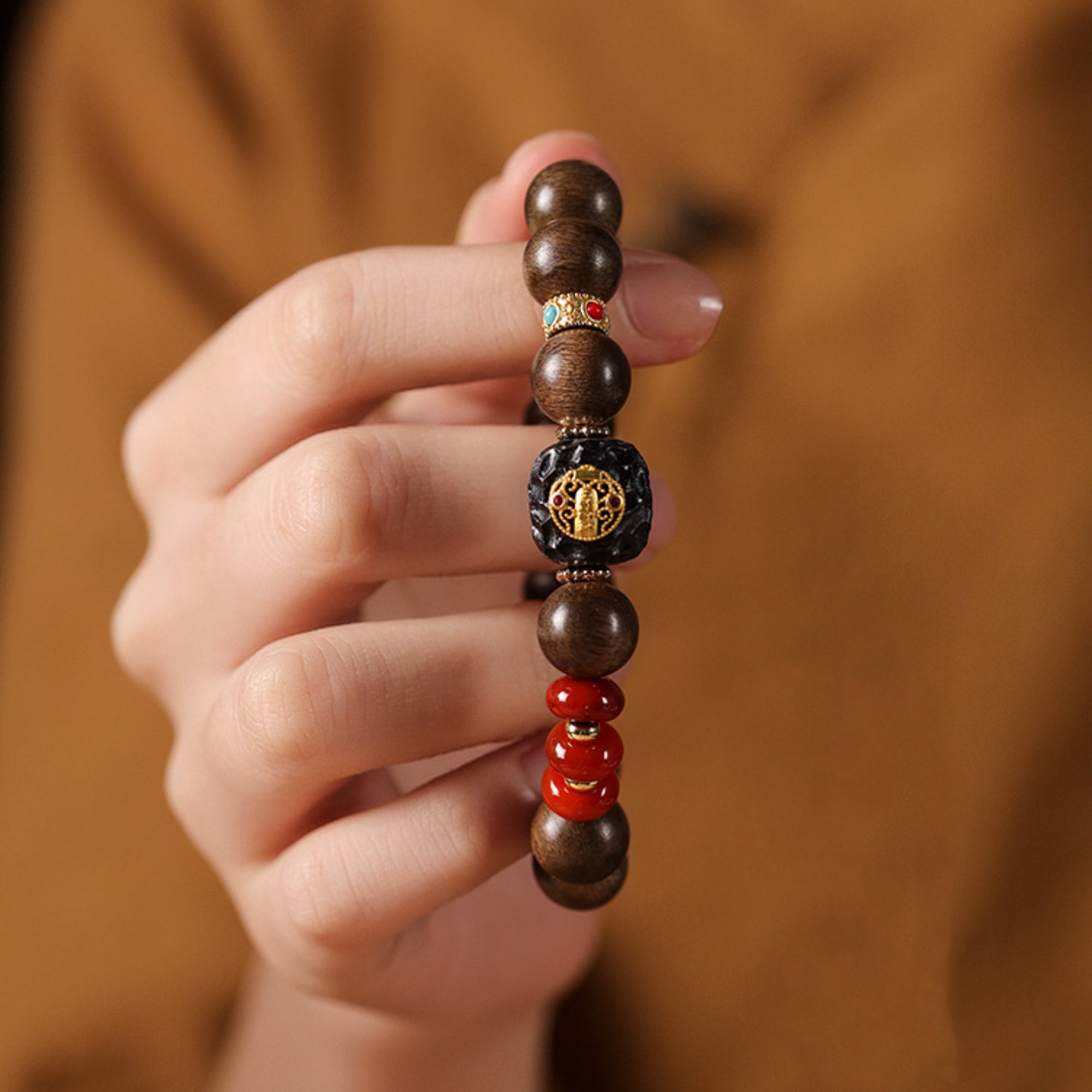Natural Agarwood & Red Agate Mala Bracelet