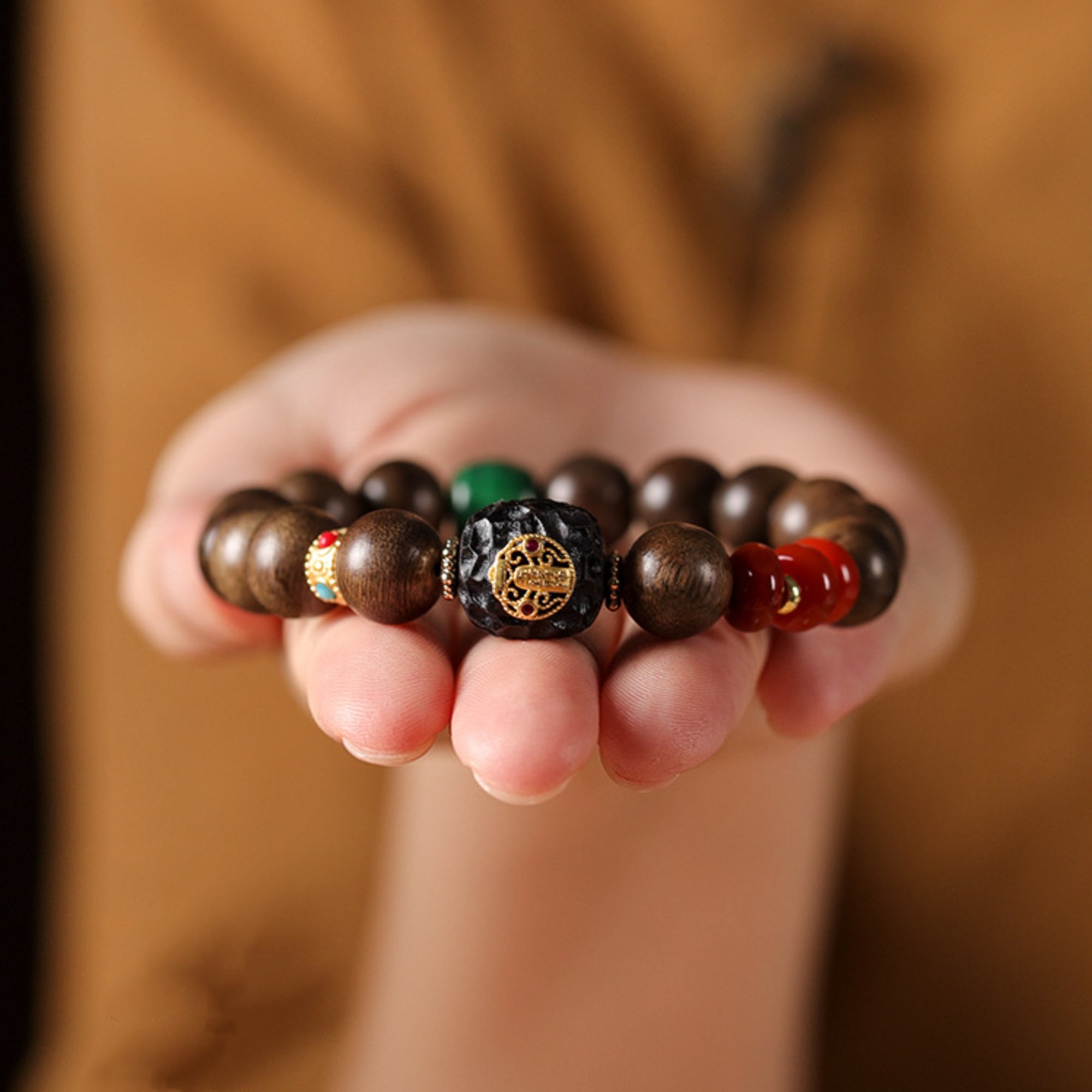 Natural Agarwood & Red Agate Mala Bracelet