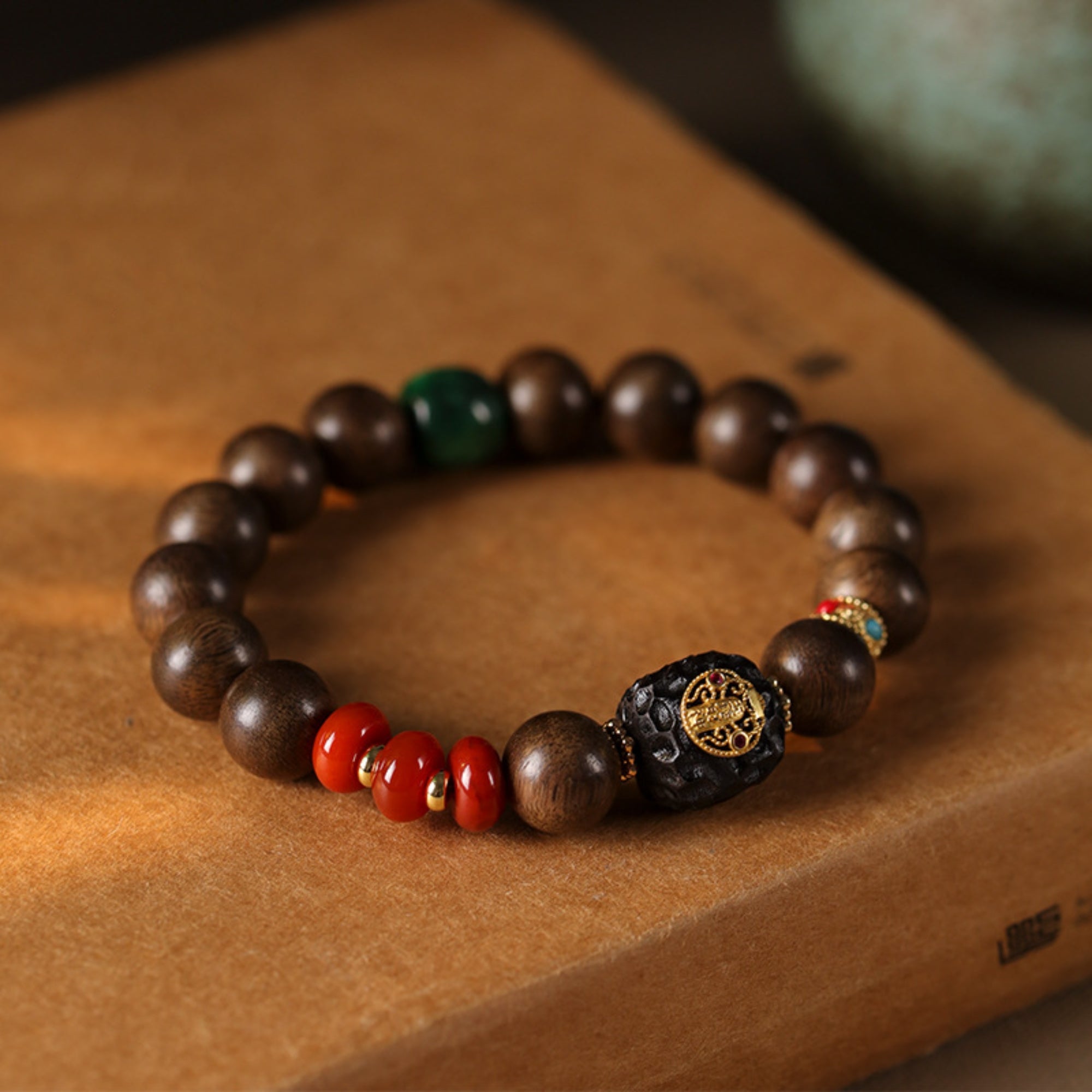 Natural Agarwood & Red Agate Mala Bracelet