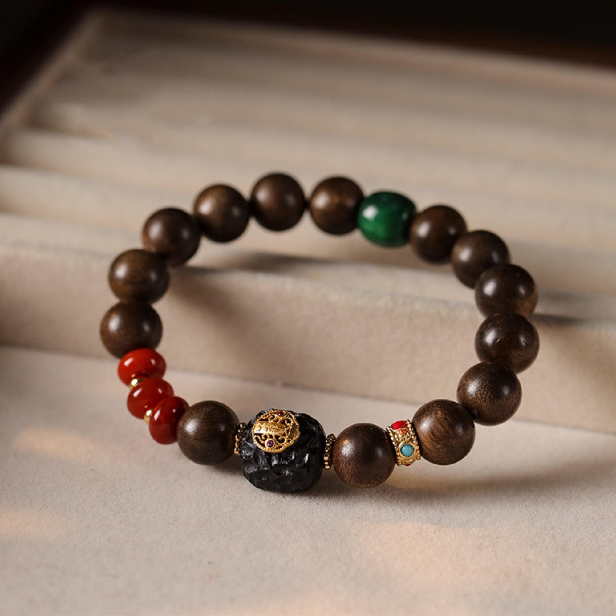 Natural Agarwood & Red Agate Mala Bracelet