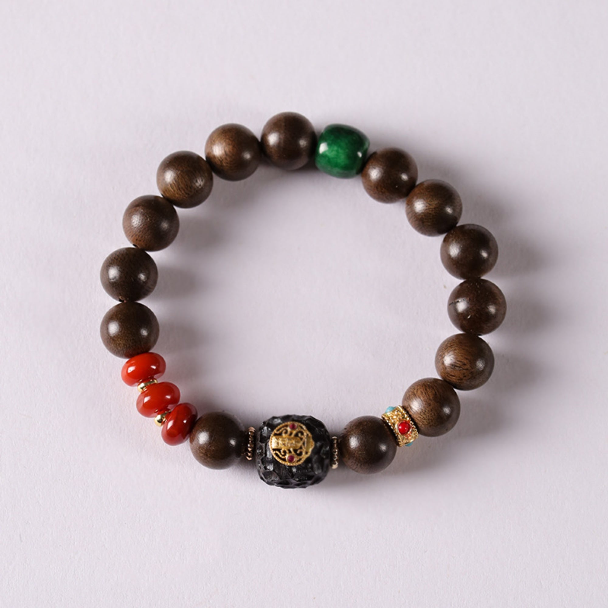 Natural Agarwood & Red Agate Mala Bracelet
