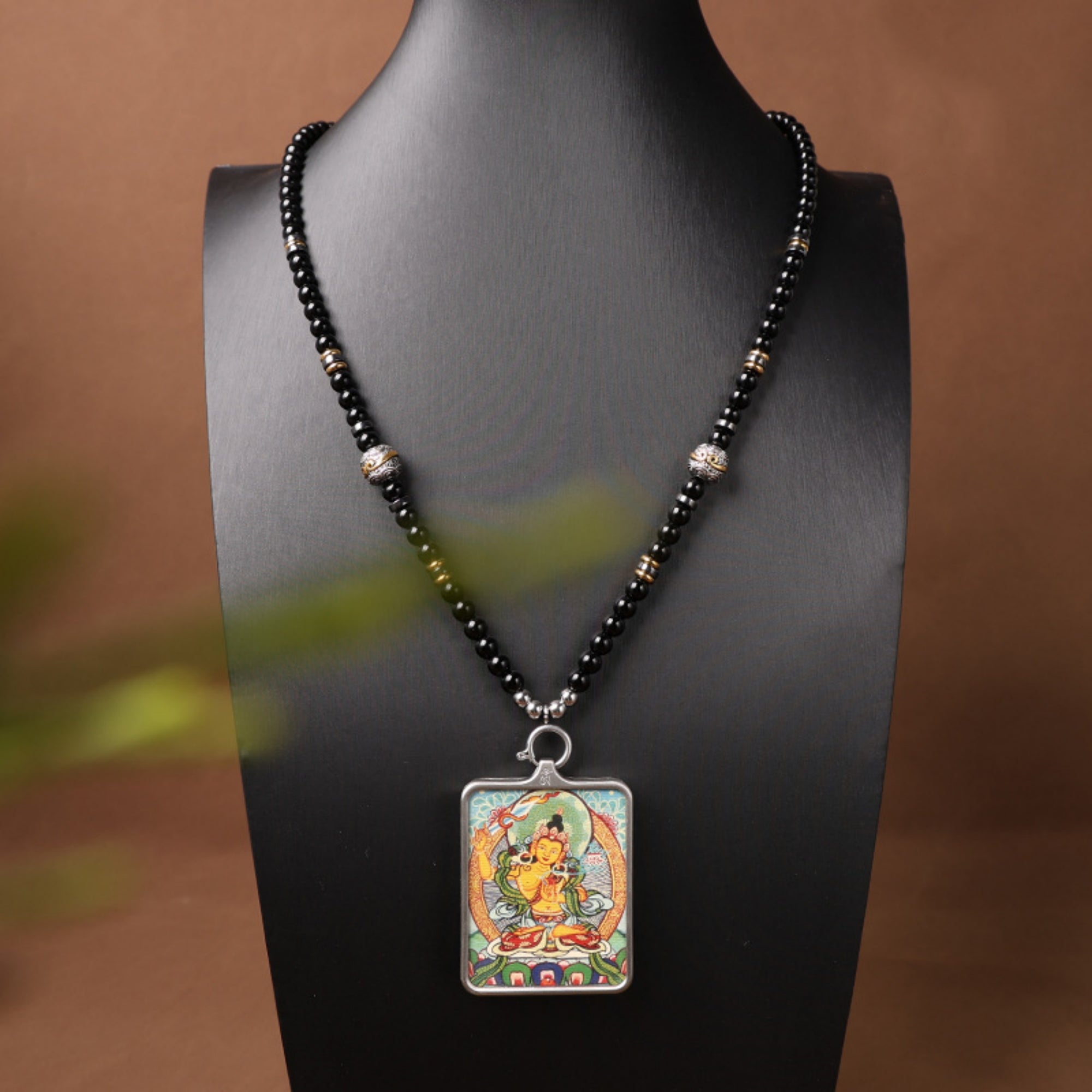 Natural Black Agate Tibetan Silver Thangka Pendant Replacement Chain