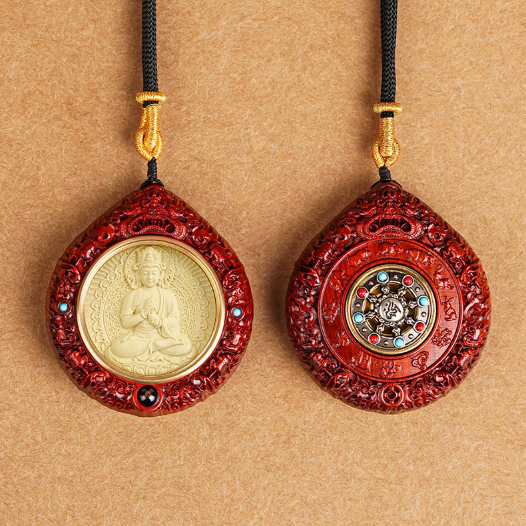 Natural Sandalwood Carved Guardian Buddha Pendant Necklace