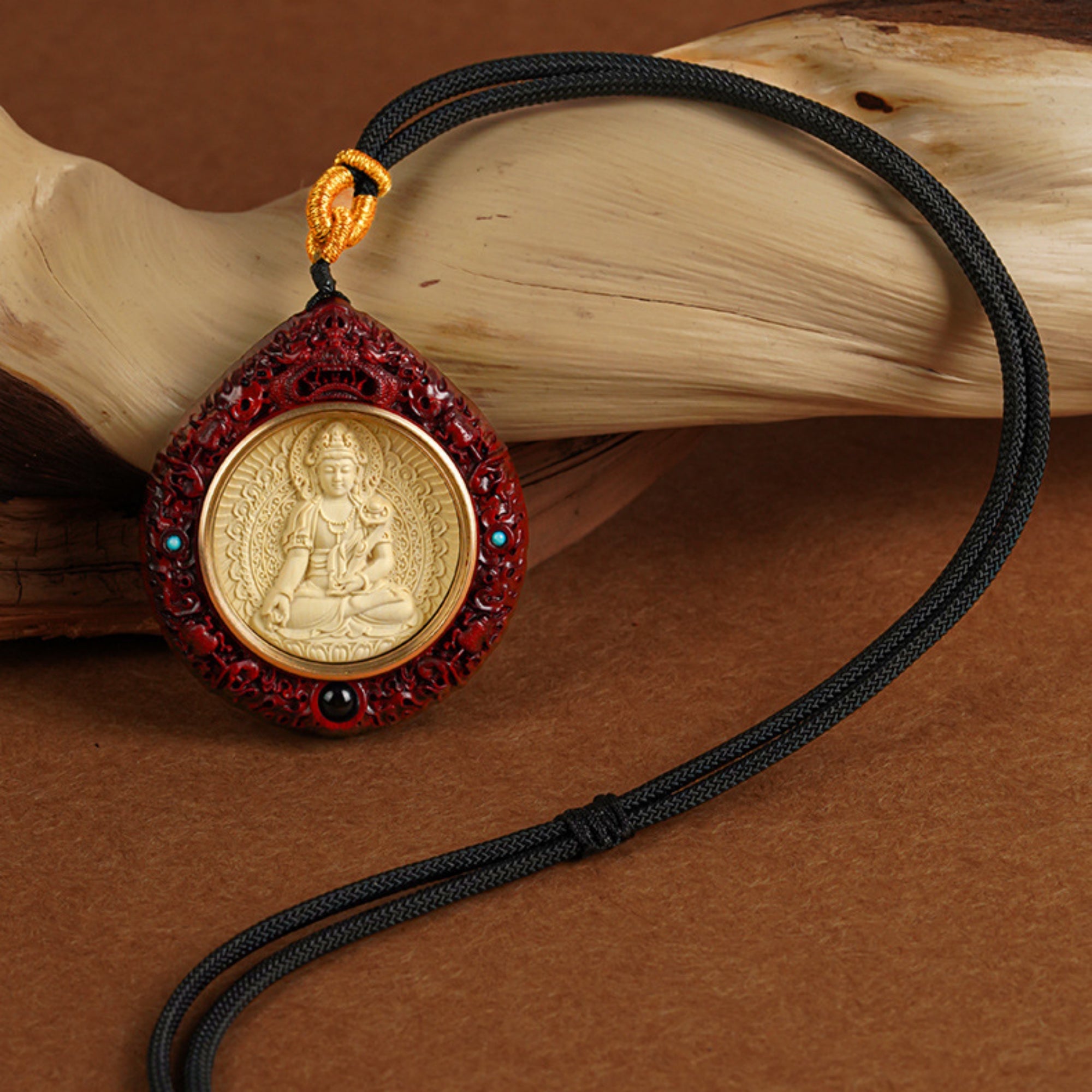 Natural Sandalwood Carved Guardian Buddha Pendant Necklace