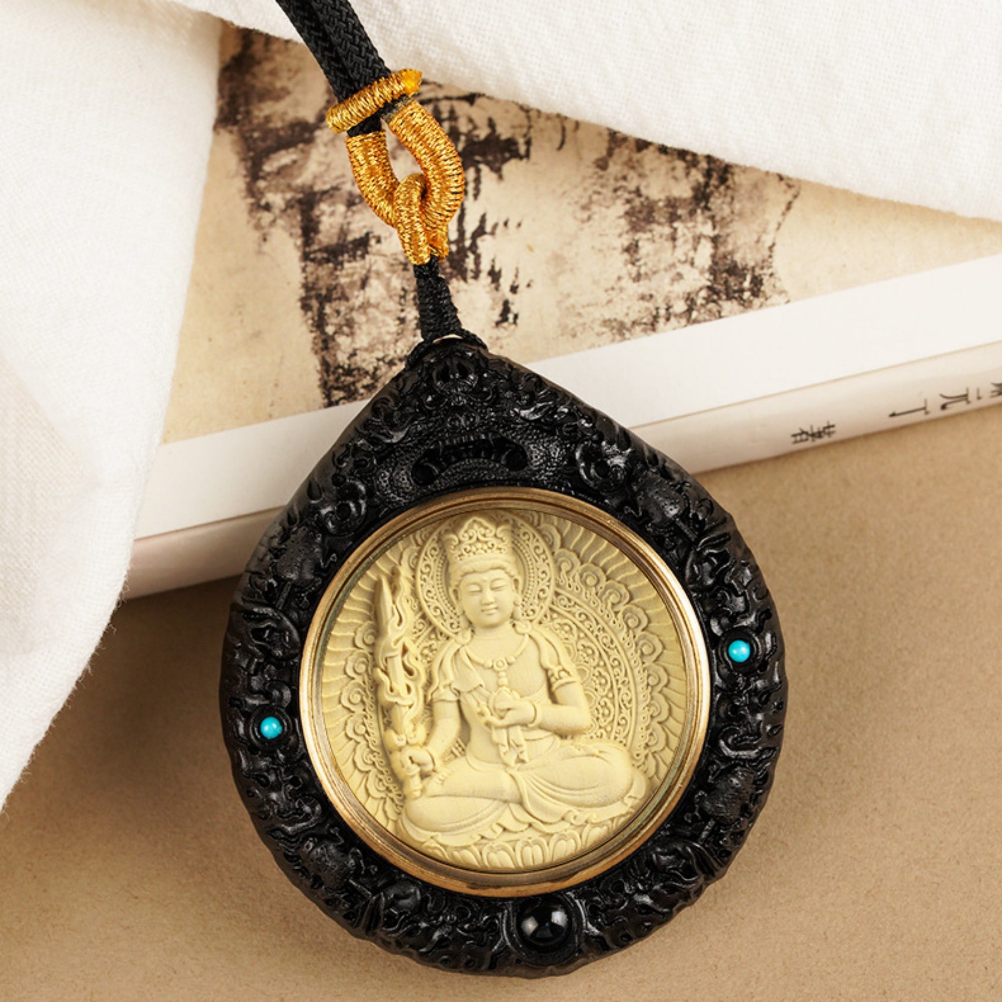 Natural Sandalwood Carved Guardian Buddha Pendant Necklace