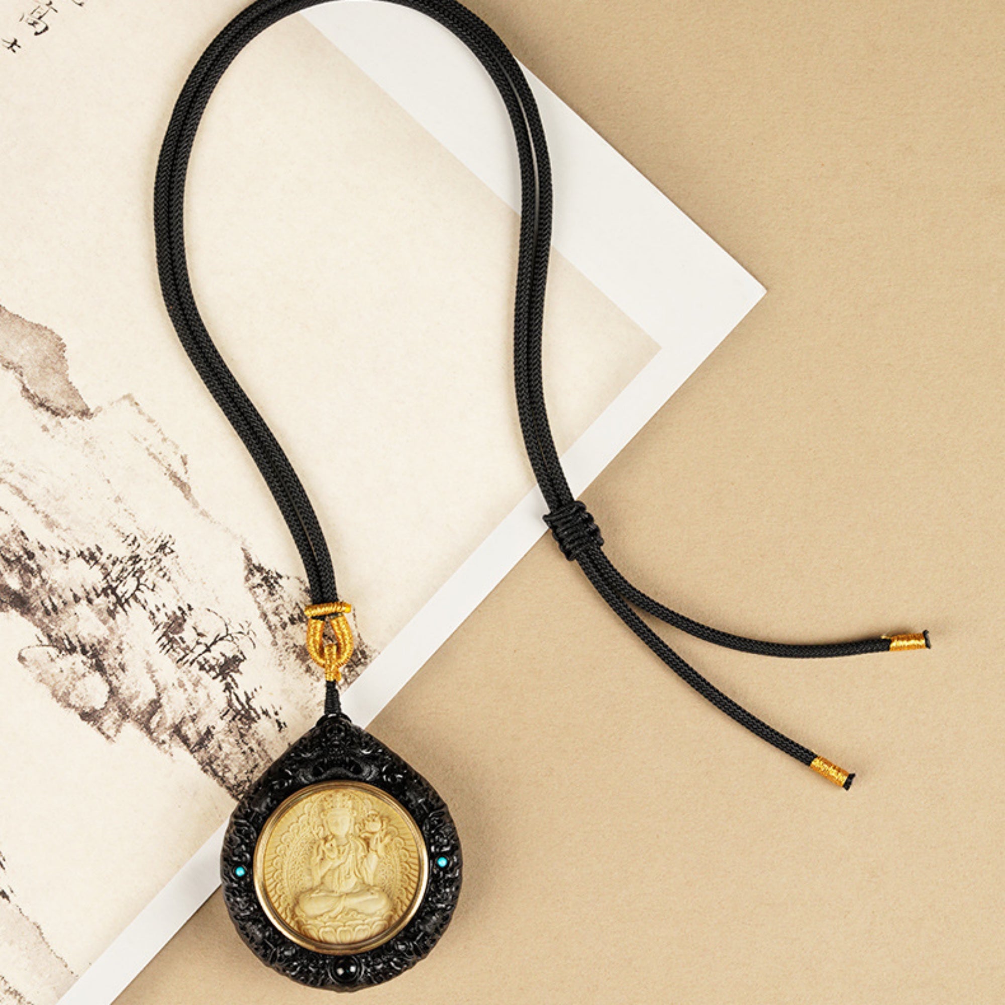 Natural Sandalwood Carved Guardian Buddha Pendant Necklace