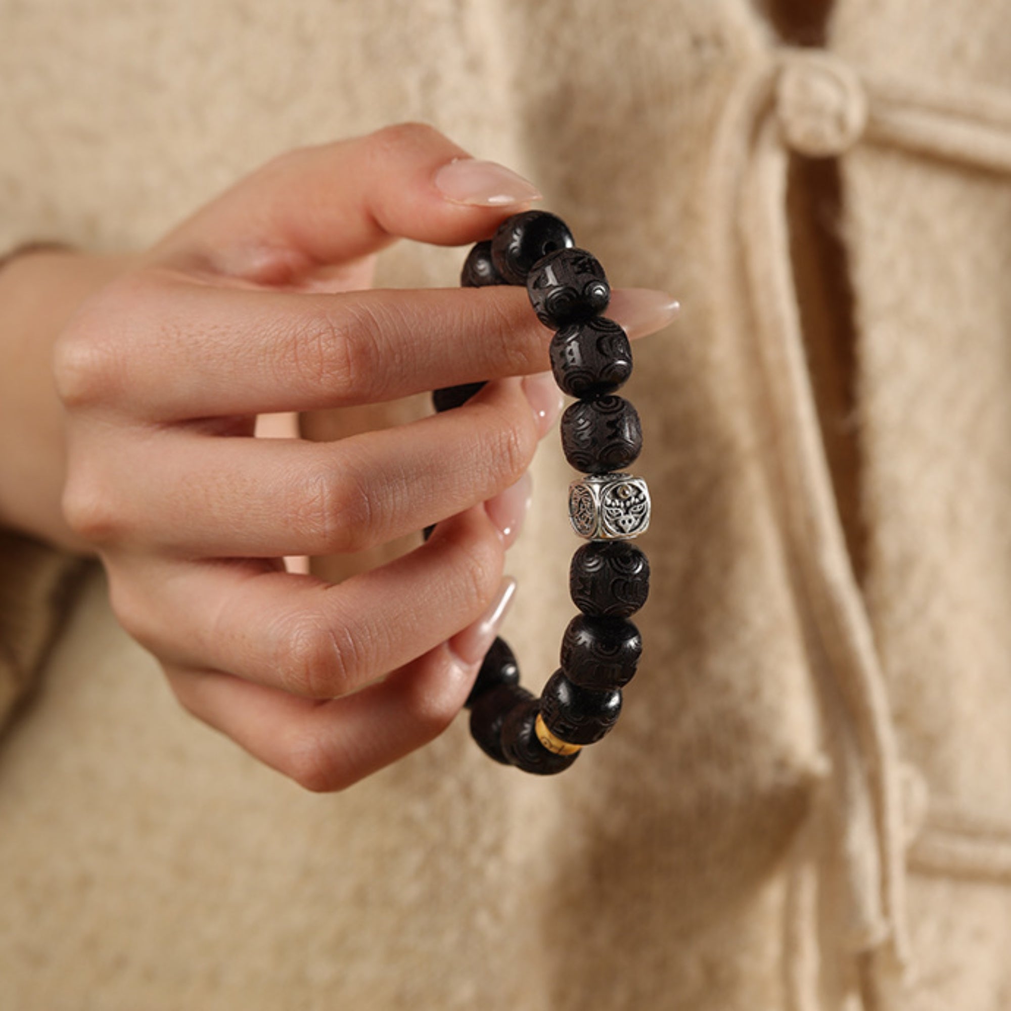 Natural Sandalwood & Tibetan Silver Zakiram Mala Bracelet