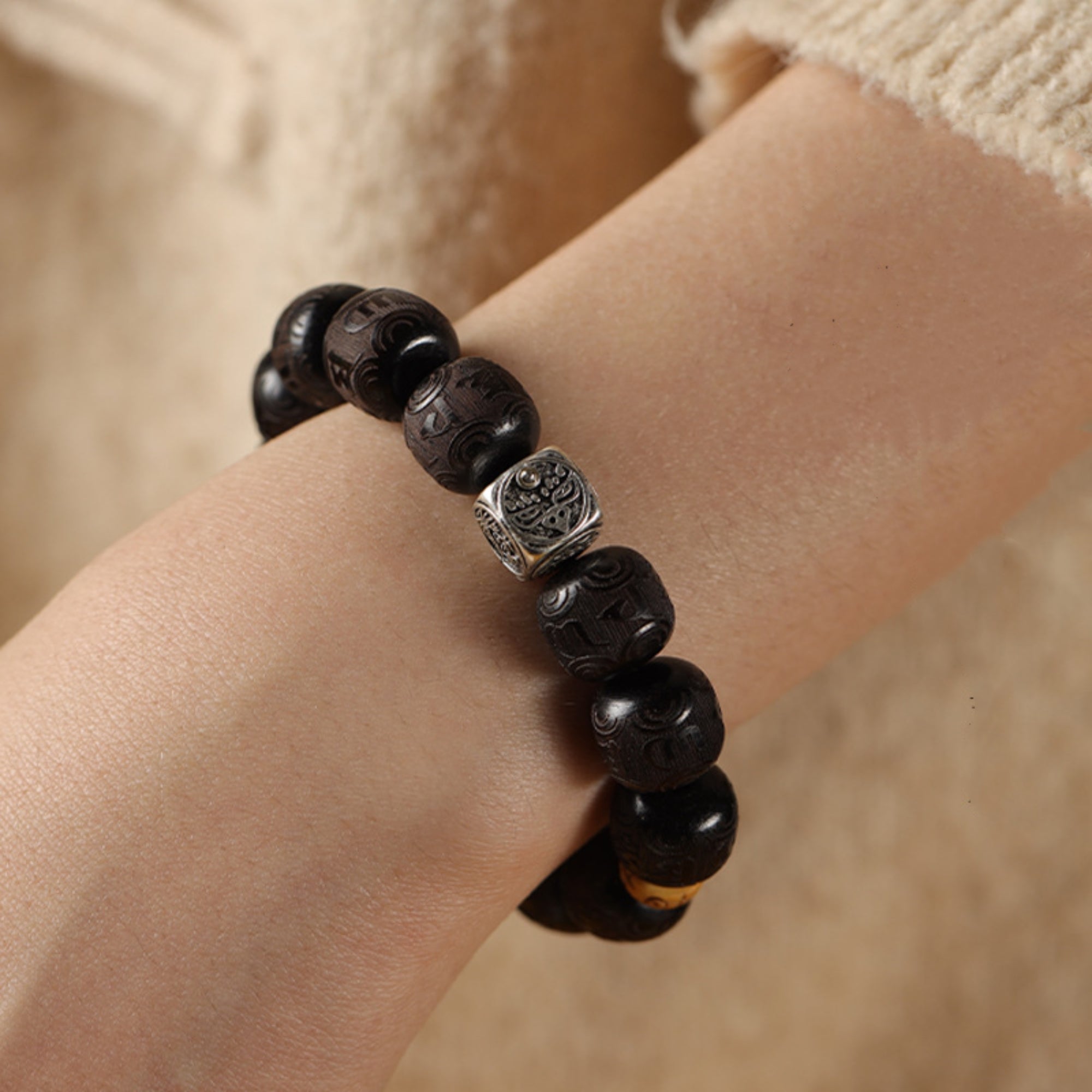 Natural Sandalwood & Tibetan Silver Zakiram Mala Bracelet