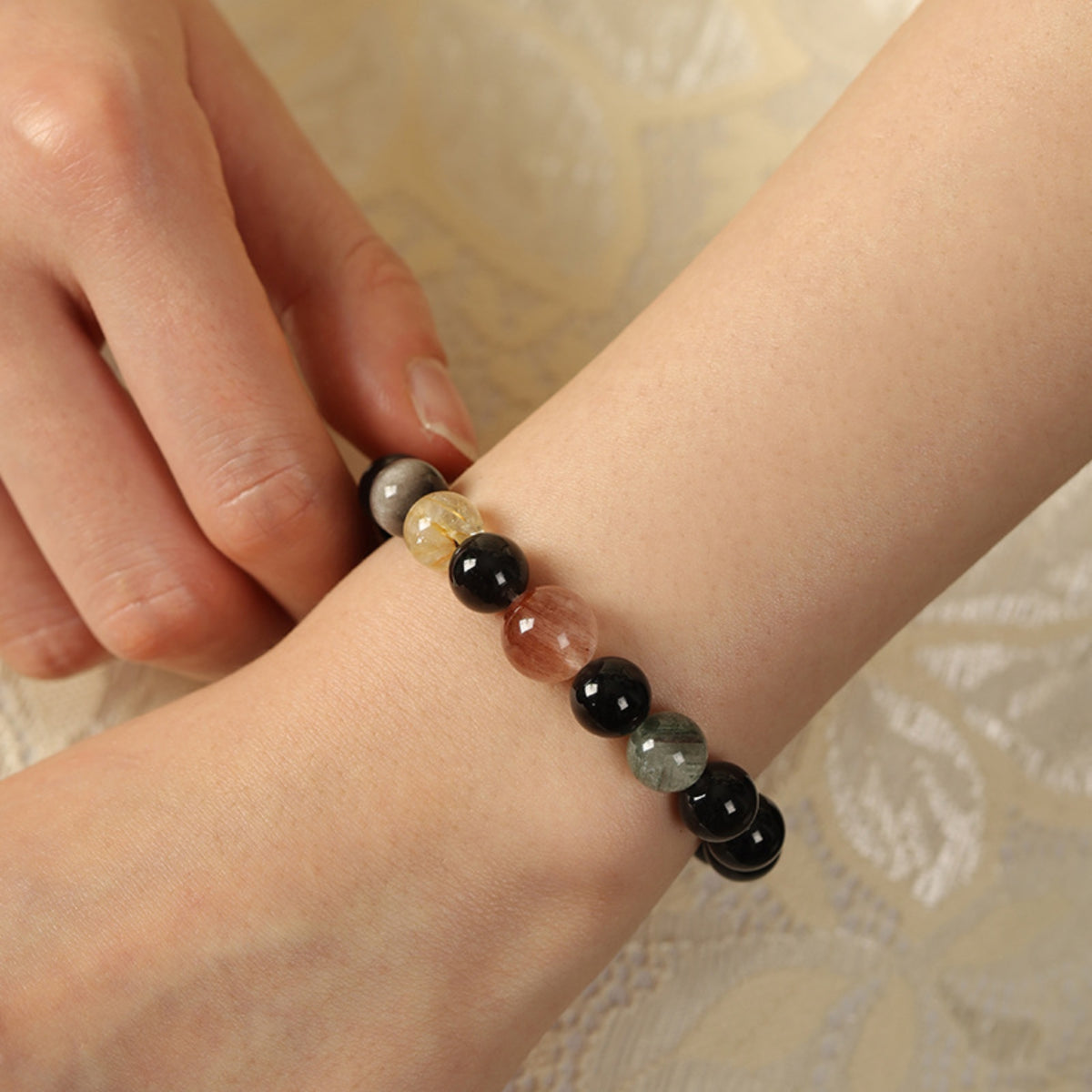 Natural Silver Sheen Obsidian & Rutilated Quartz Bracelet