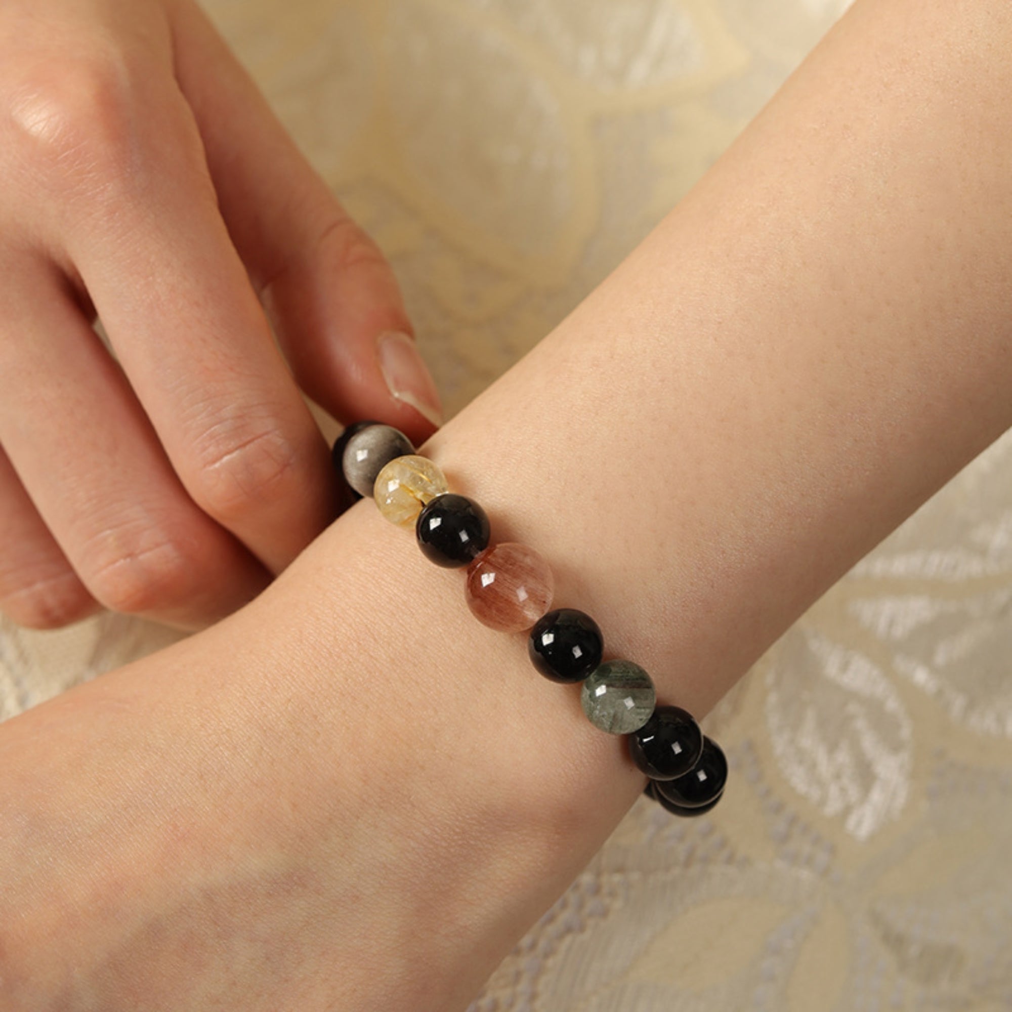 Natural Silver Sheen Obsidian & Rutilated Quartz Bracelet