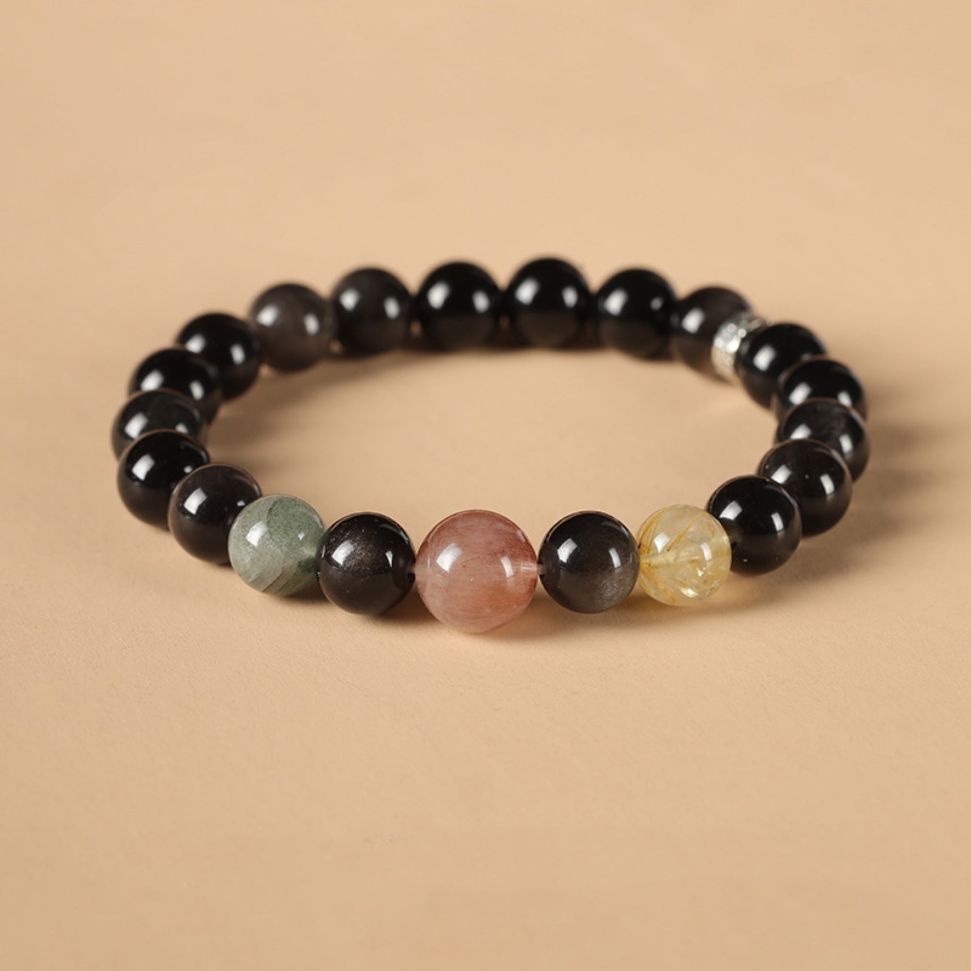 Natural Silver Sheen Obsidian & Rutilated Quartz Bracelet