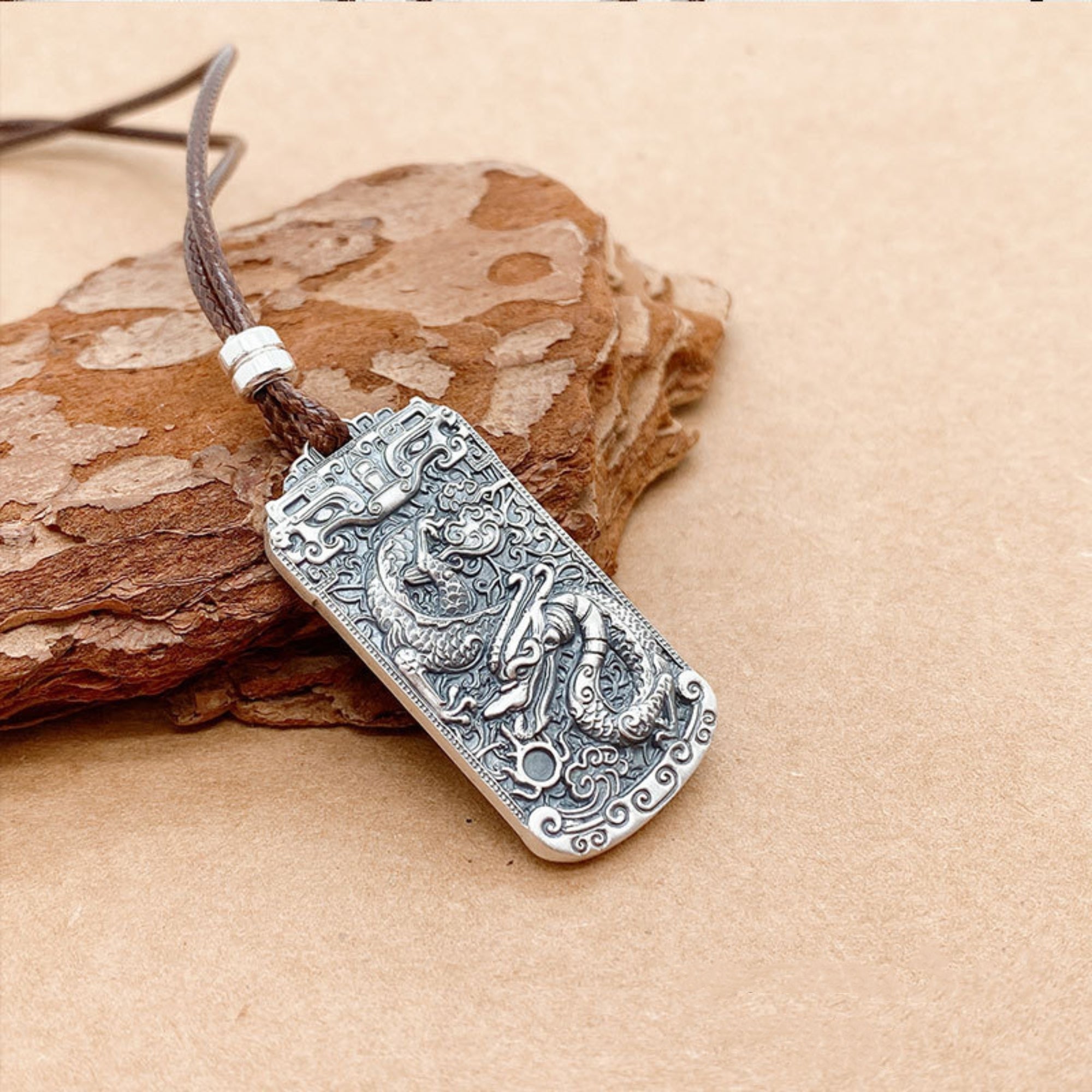 Oriental Dragon Relief Pure Silver Pendant Necklace