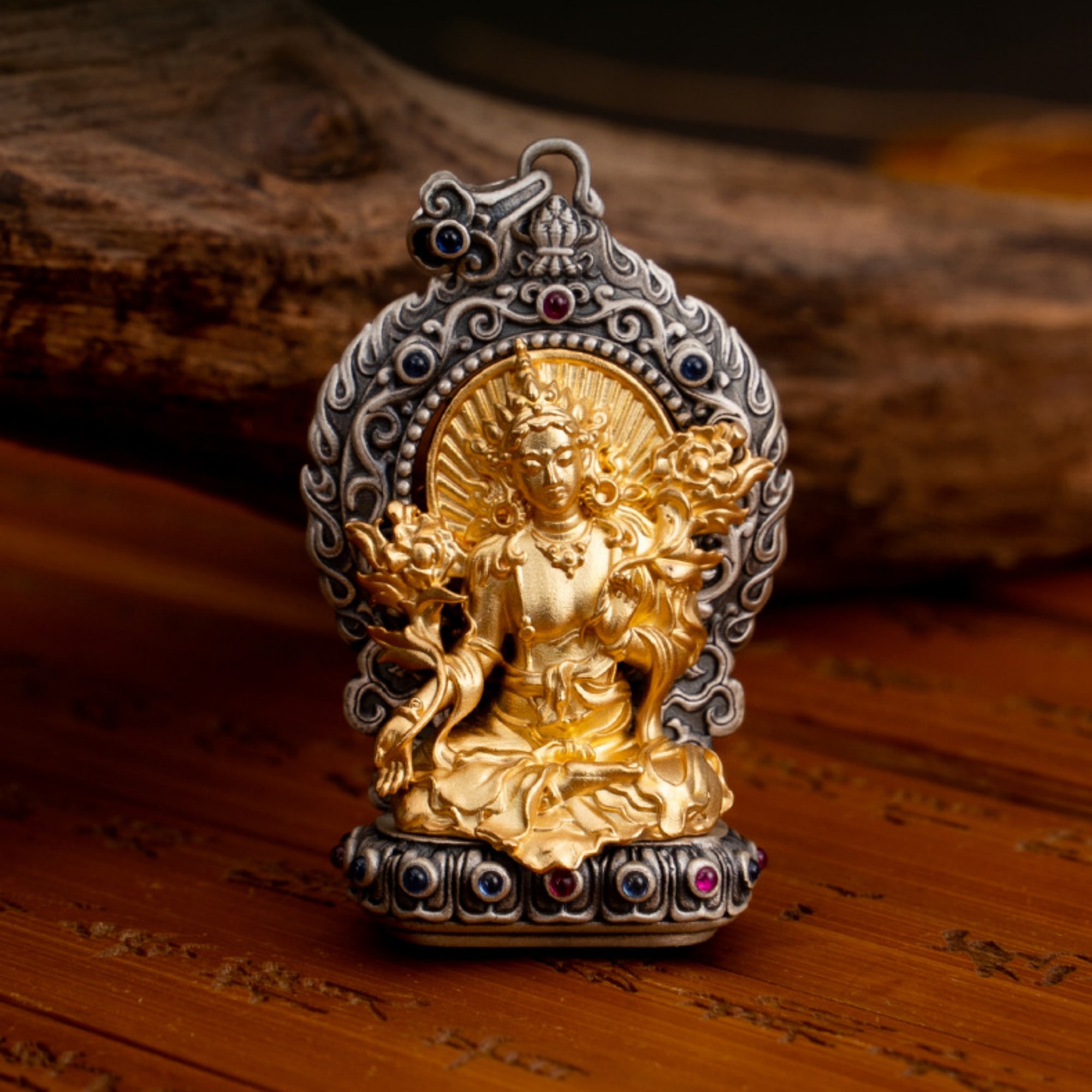 Tibetan Buddhist Green Tara Gemstone Sterling Silver Pendant