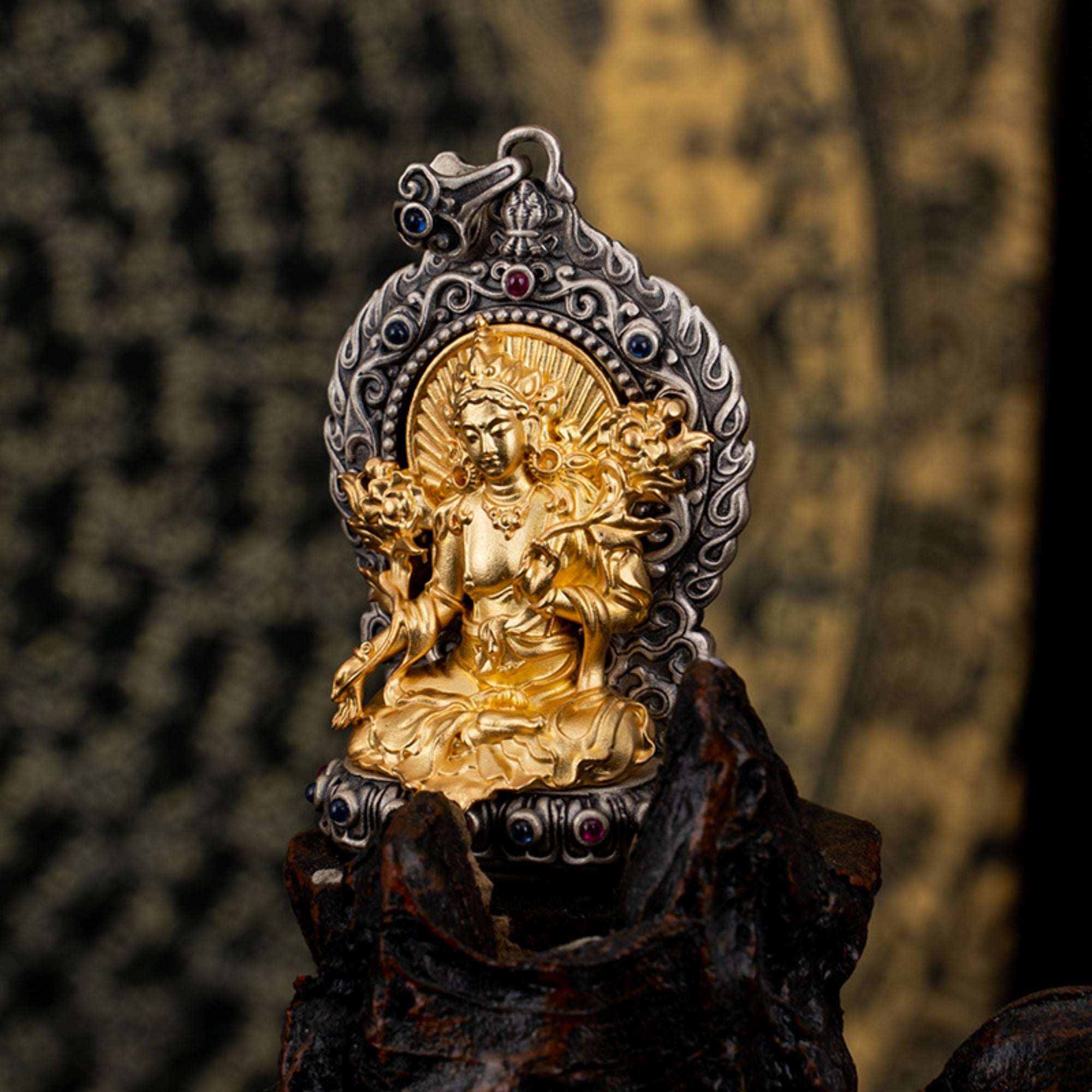 QILING AURA Tibetan Buddhist Green Tara Gemstone Sterling Silver Pendant