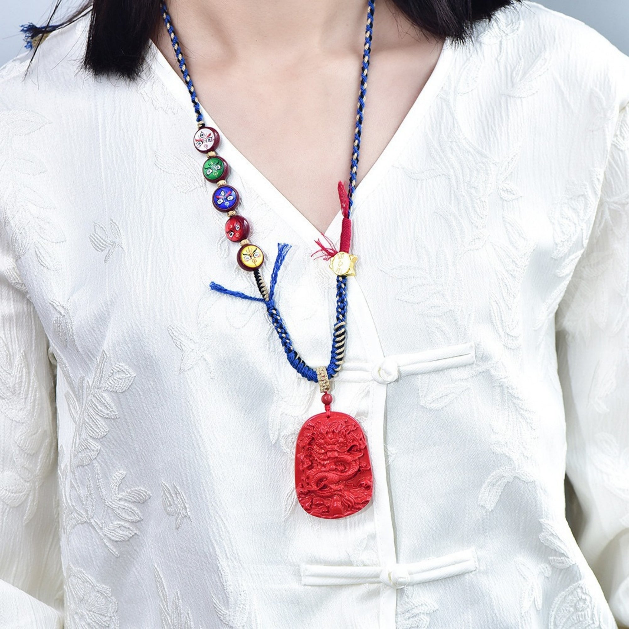 QiLing Aura Hand-Carved Tibetan Dragon Totem Cinnabar Pendant Necklace