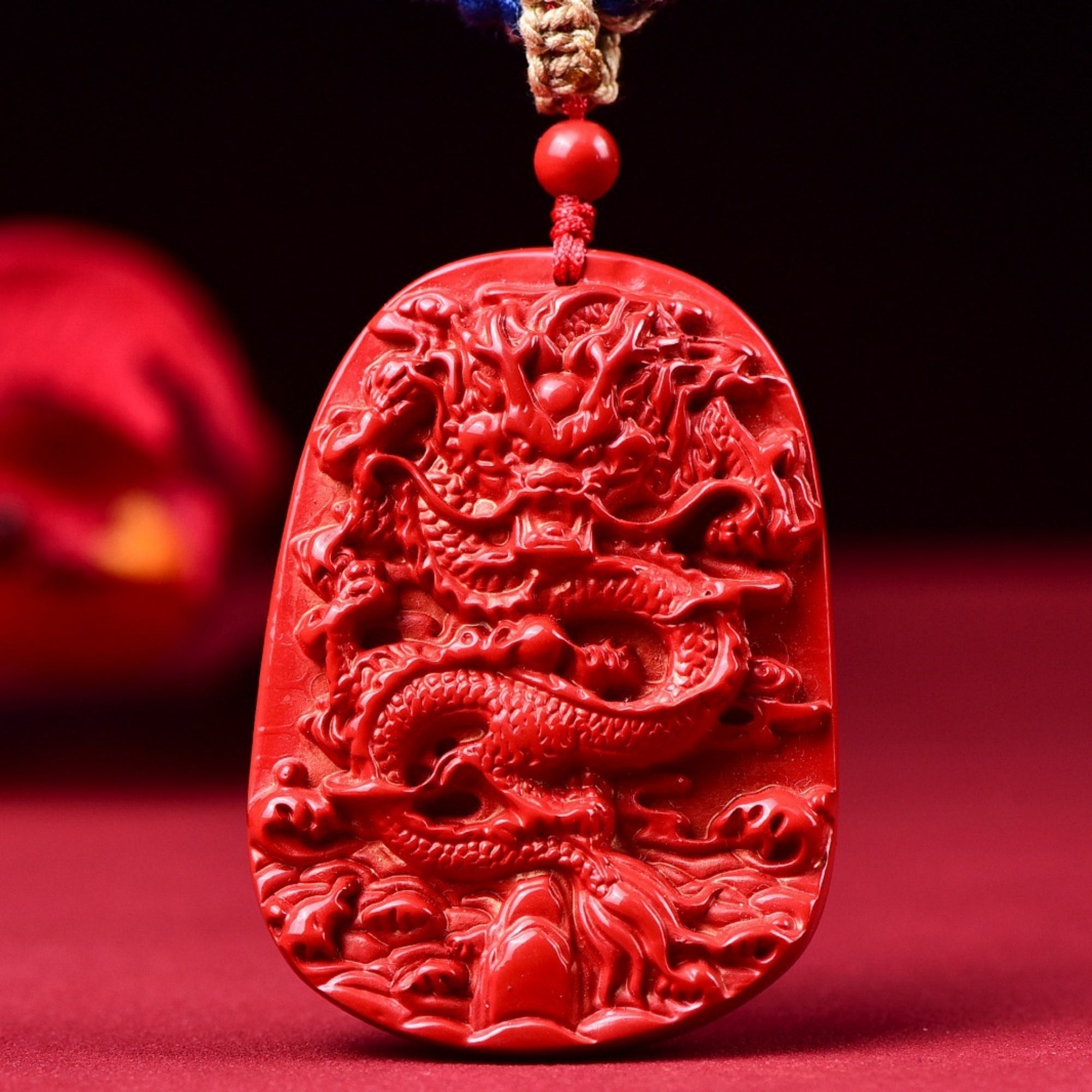 QiLing Aura Hand-Carved Tibetan Dragon Totem Cinnabar Pendant Necklace