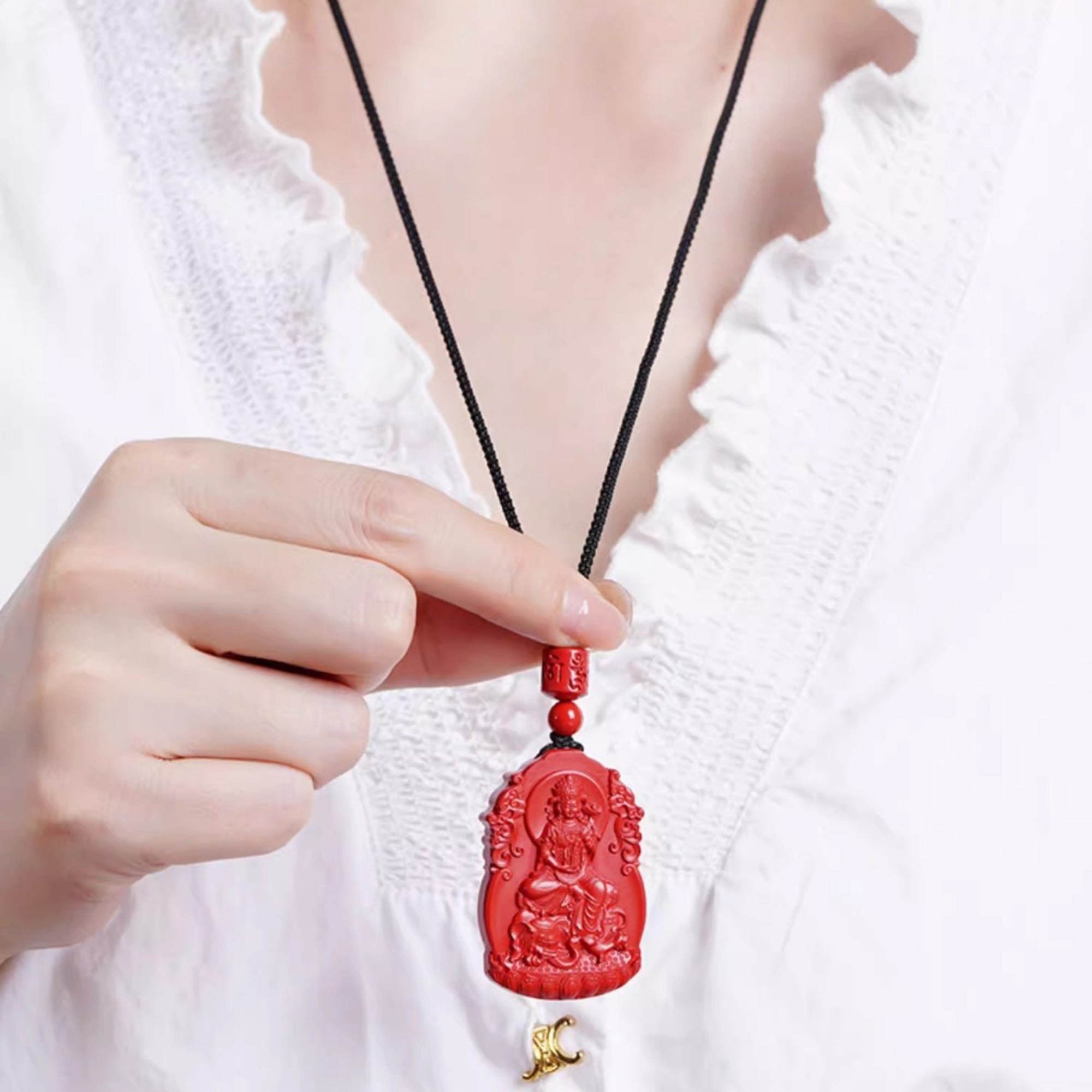 QiLing Aura Hand-Carved Zodiac Buddha Pendant Necklace in Cinnabar