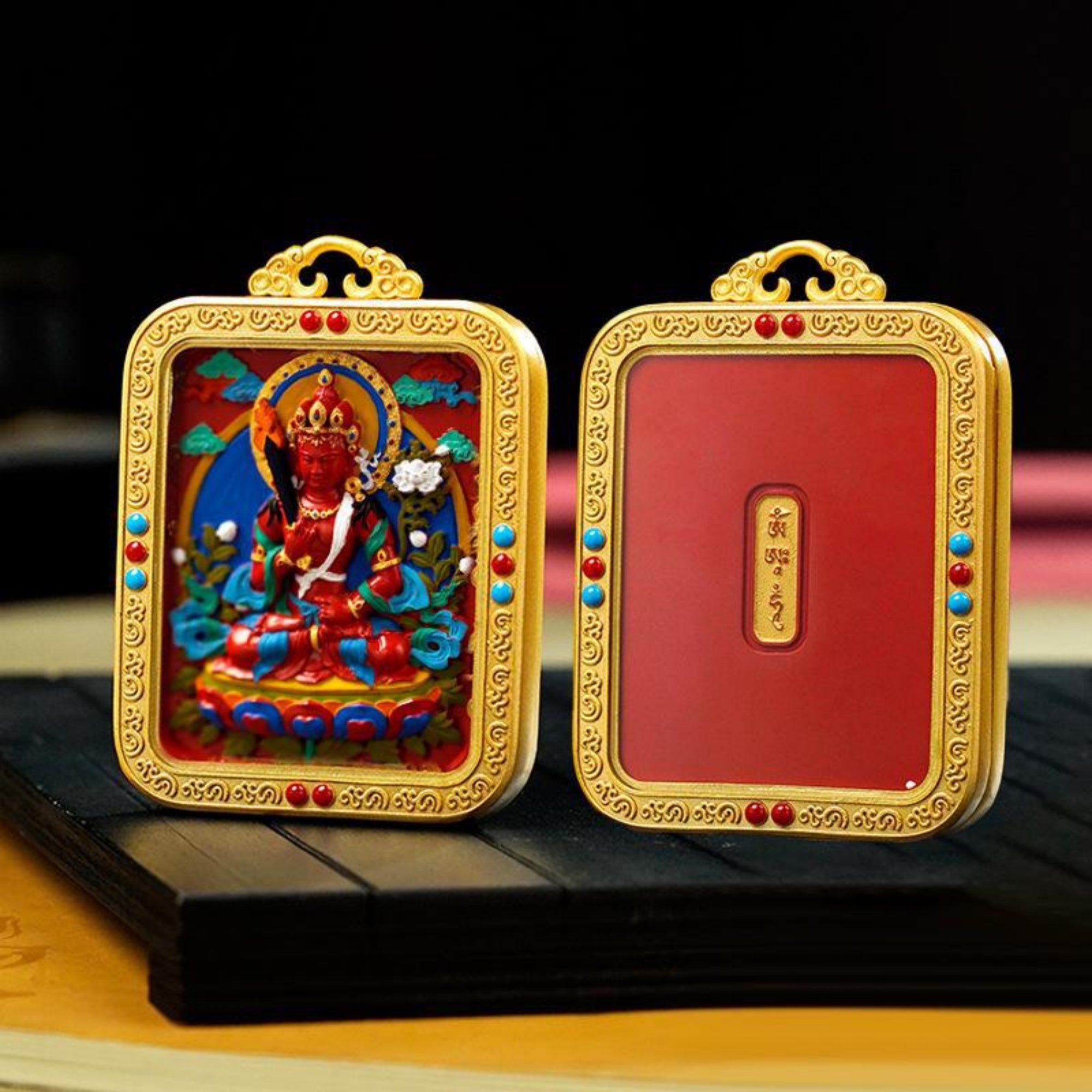 QiLing Aura Hand-Painted Tibetan Buddhist Brass Cinnabar Pendant Necklace