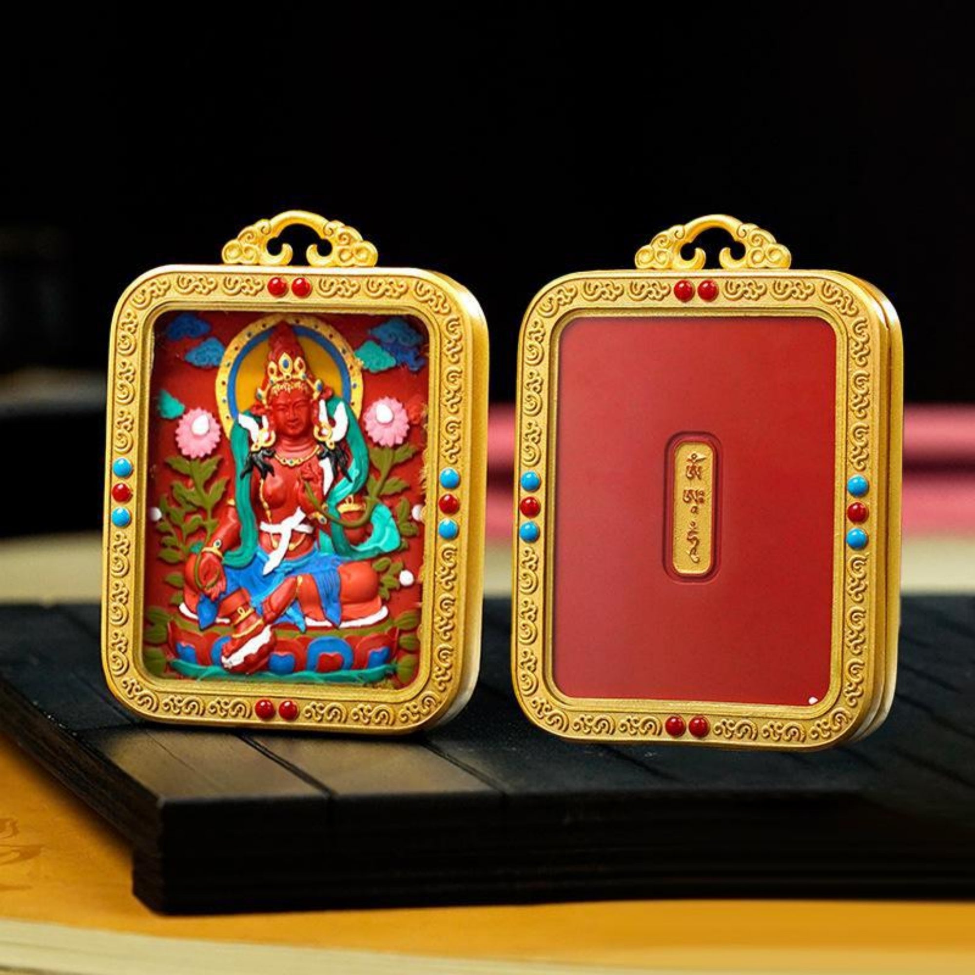 QiLing Aura Hand-Painted Tibetan Buddhist Brass Cinnabar Pendant Necklace